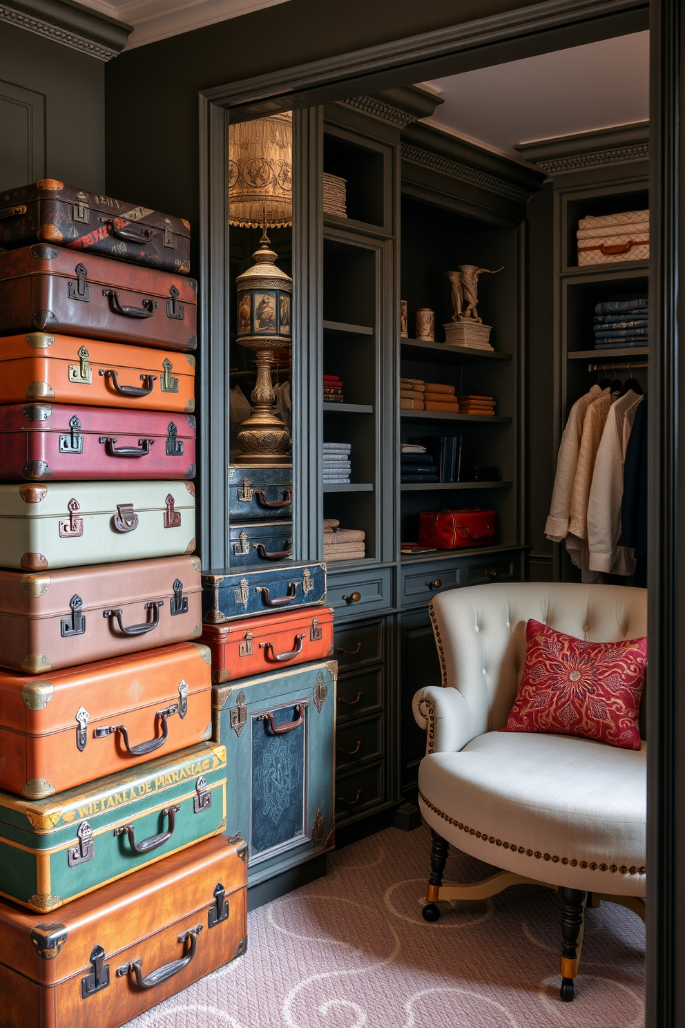 Vintage suitcases stacked for decoration. The suitcases are worn and colorful, adding a touch of nostalgia to the room. Vintage walk-in-closet design ideas. The closet features elegant shelving, soft lighting, and a plush seating area for a luxurious feel.