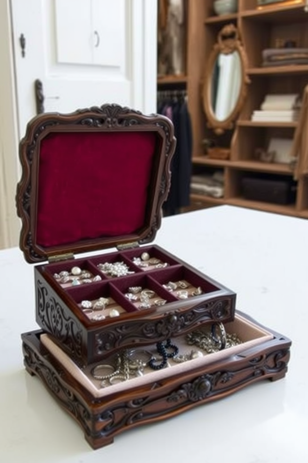 A vintage walk-in closet features rich wooden cabinetry with intricate carvings and gold accents that enhance its elegance. Soft ambient lighting illuminates the space, highlighting plush velvet fabrics and ornate mirrors that reflect timeless style.