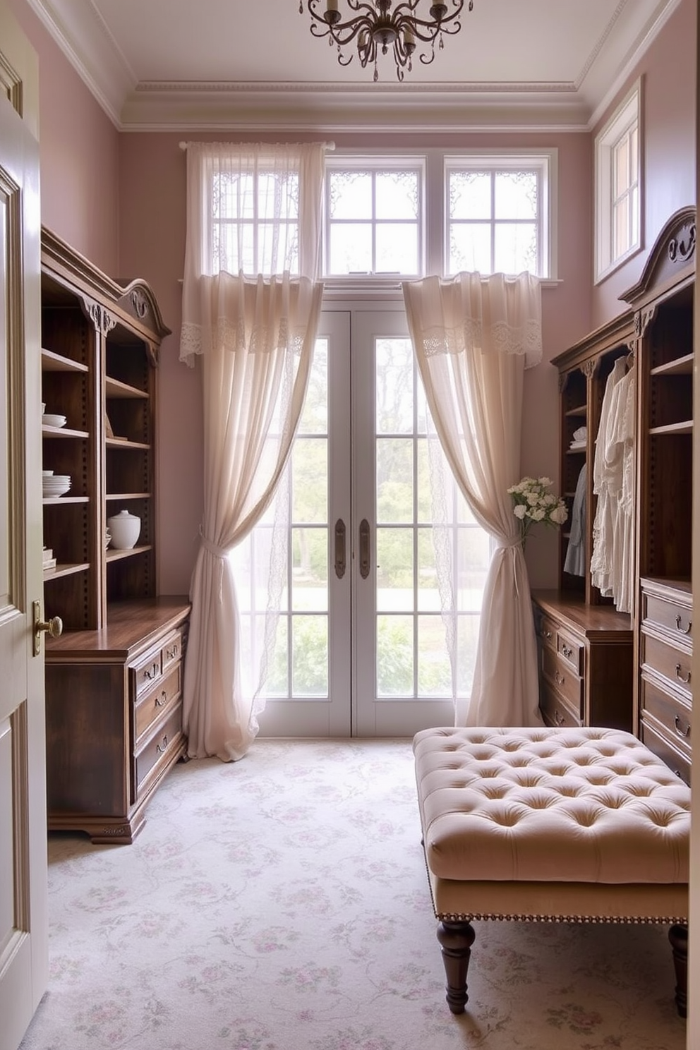 A vintage walk-in closet designed for elegance and charm. The walls are adorned with soft pastel colors, and the space is filled with antique wooden shelving and a plush velvet ottoman. Lace curtains drape gracefully over large windows, allowing soft natural light to filter in. The floor is covered with a delicate floral patterned carpet, enhancing the romantic atmosphere.