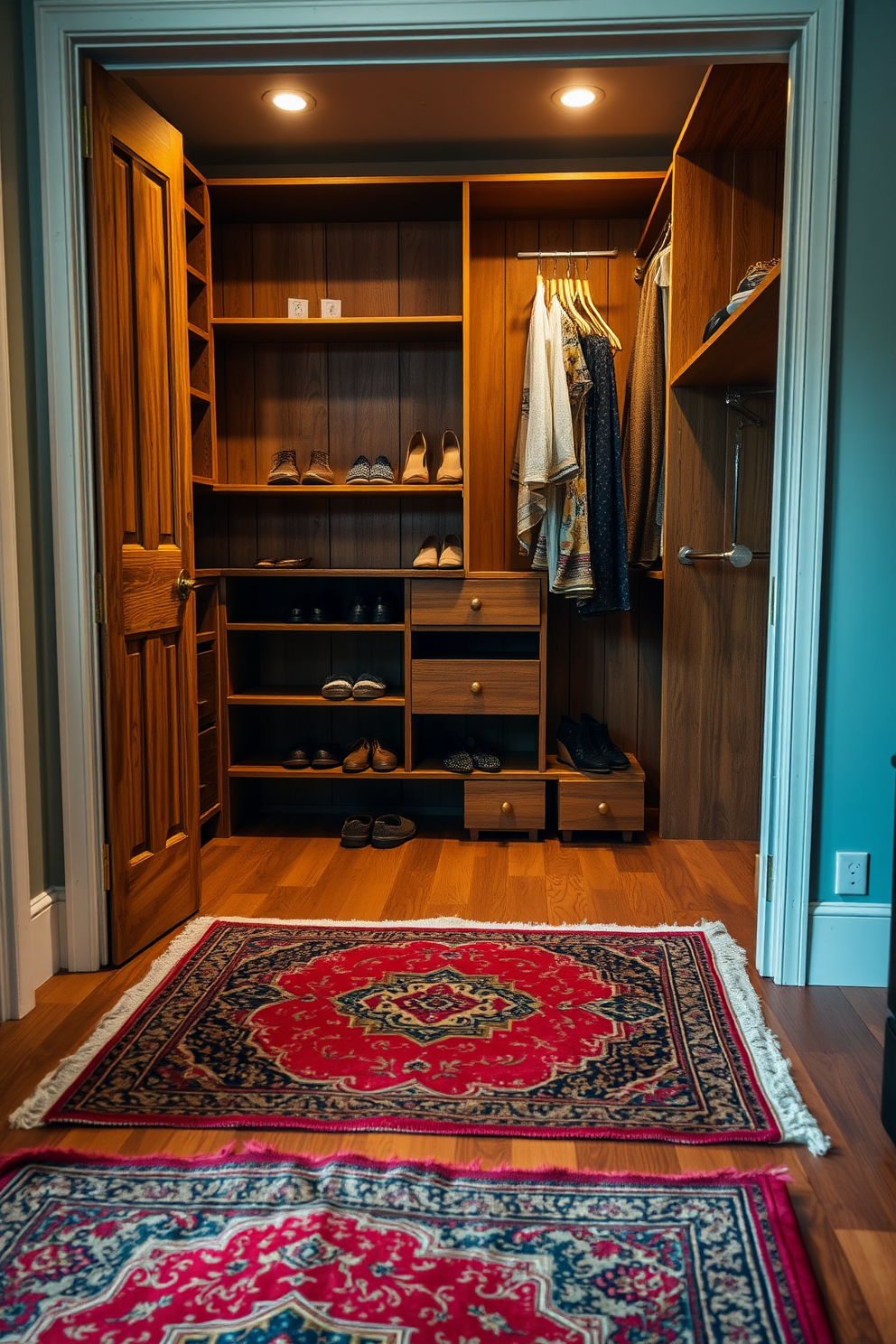 A cozy vintage-inspired area rug lies on a hardwood floor, featuring intricate patterns in warm tones of red, gold, and blue. The rug adds a touch of elegance and comfort, creating a welcoming atmosphere in the room. The walk-in closet features vintage wooden shelving and hanging space, adorned with antique brass hardware. Soft lighting illuminates the area, highlighting the carefully organized shoes and accessories displayed on the shelves.