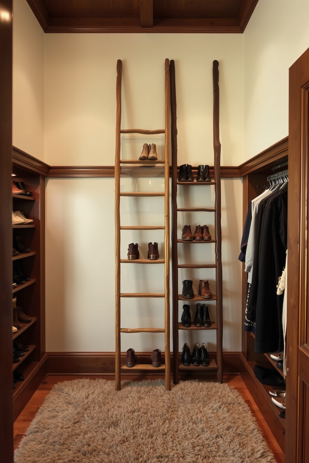 A vintage walk-in closet featuring old-fashioned hooks for hats and bags. The walls are adorned with rich wood paneling, and a plush area rug adds warmth to the space.