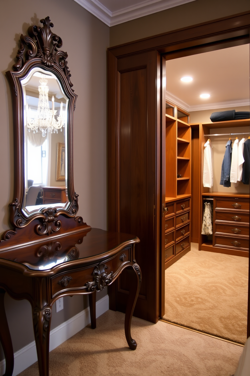 A classic dressing table is elegantly positioned against a wall, featuring intricate carvings and a polished wood finish. Above the table, a vintage mirror with an ornate frame reflects the soft lighting from a nearby chandelier. The walk-in closet is spacious and well-organized, showcasing custom shelving and hanging space for clothes. Rich wood tones and plush carpeting create a warm and inviting atmosphere, while strategically placed lighting highlights the beauty of the wardrobe.