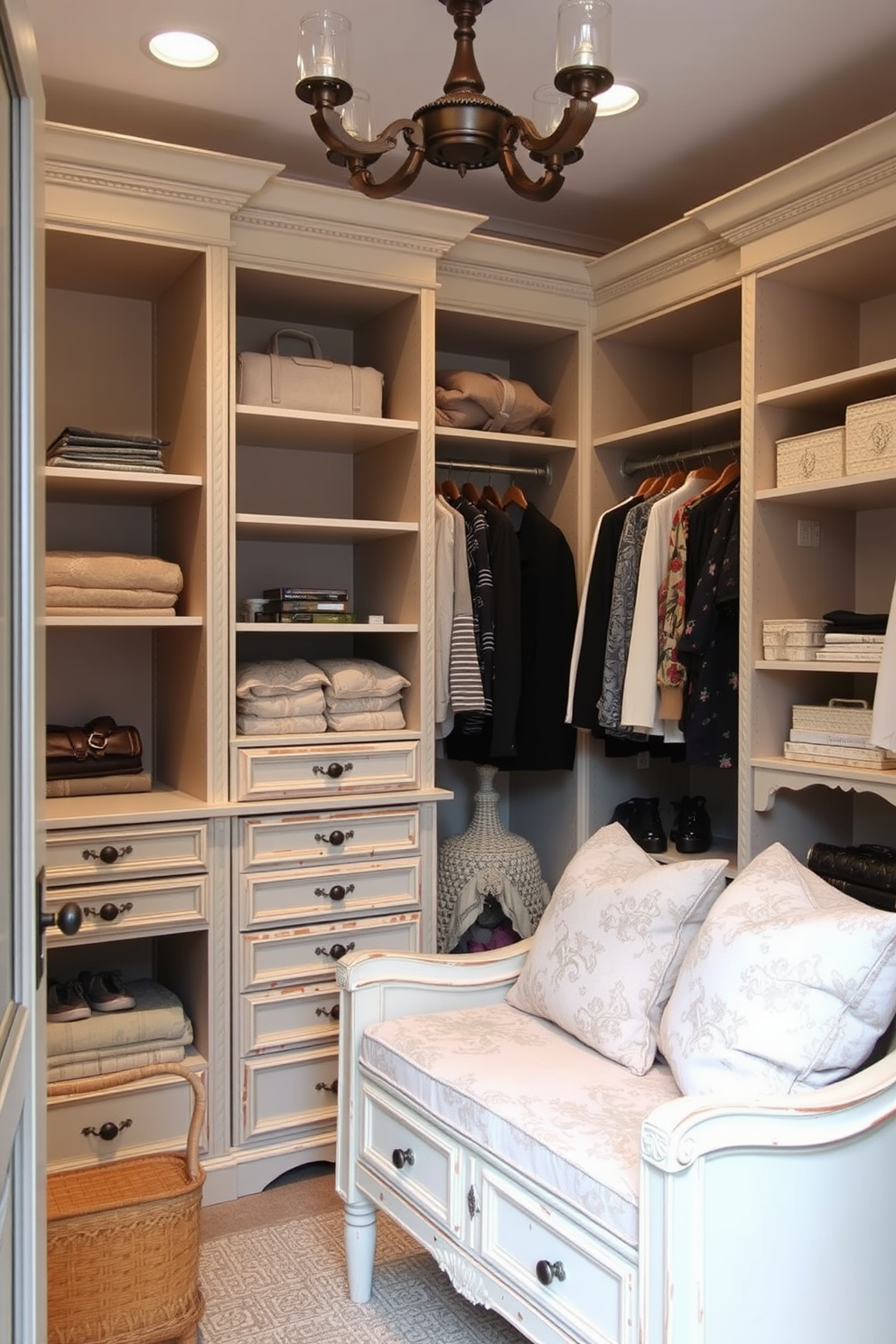 A beautifully designed walk-in closet features painted furniture with distressed finishes that add character and charm. The space is organized with open shelving, elegant hanging rods, and a cozy seating area adorned with plush cushions.