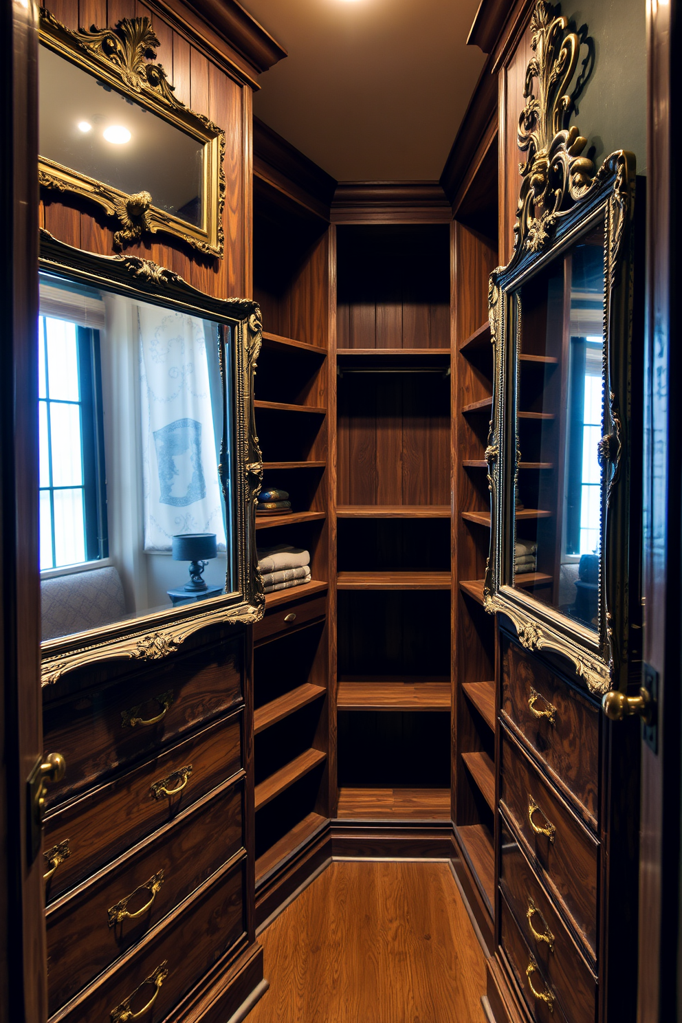 Chic antique mirrors to enhance space. The mirrors feature ornate frames and are strategically placed to reflect light, creating an illusion of a larger area. Vintage Walk-In-Closet Design Ideas. The closet is designed with reclaimed wood shelving and antique brass hardware, offering a warm and inviting atmosphere.