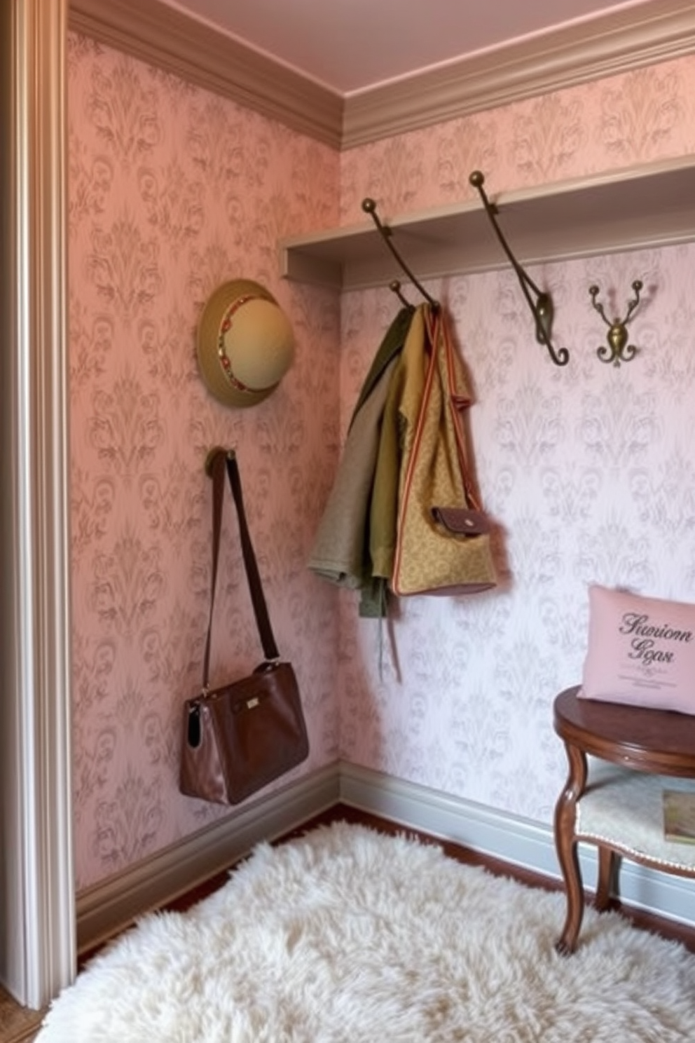 A vintage walk-in closet features elegant decorative hooks for hats and bags, crafted from antique brass. The walls are adorned with soft pastel wallpaper, and a plush area rug adds warmth to the space.