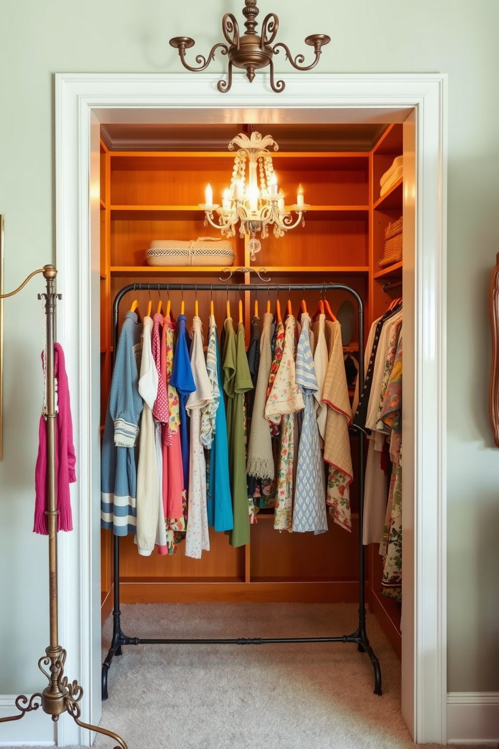 Chic vintage clothing racks for display. The racks are made of wrought iron with intricate detailing and a distressed finish, showcasing a curated selection of colorful vintage garments. Vintage walk-in-closet design ideas. The closet features warm wooden shelves and a plush carpet, with soft lighting illuminating the space and a vintage chandelier hanging from the ceiling.