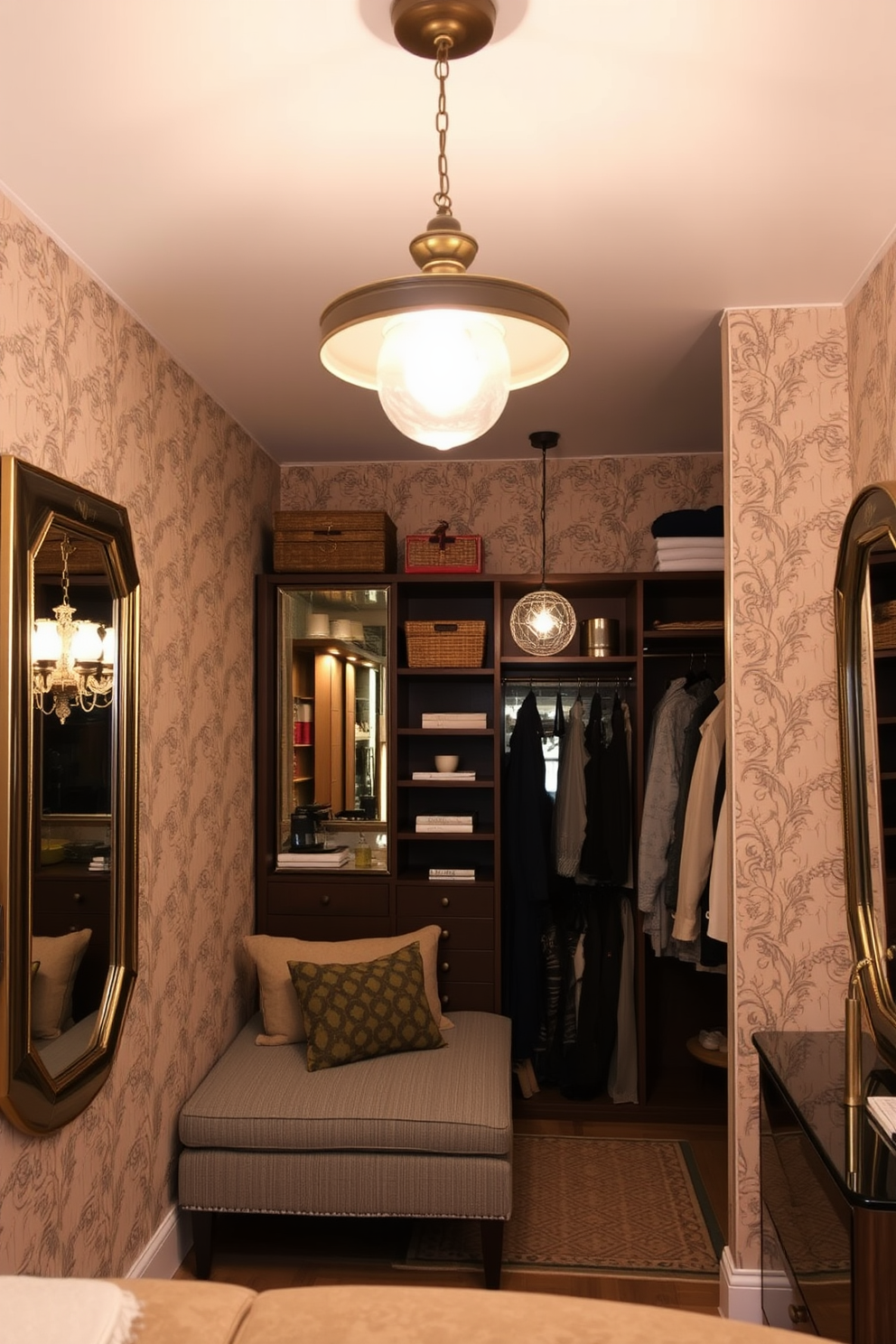 A retro light fixture hangs from the ceiling, casting a warm glow throughout the space. The walls are adorned with vintage wallpaper, adding character and charm to the room. The walk-in closet features custom shelving and a cozy seating area, creating an inviting atmosphere. Elegant mirrors reflect the unique light fixtures, enhancing the overall aesthetic of the design.