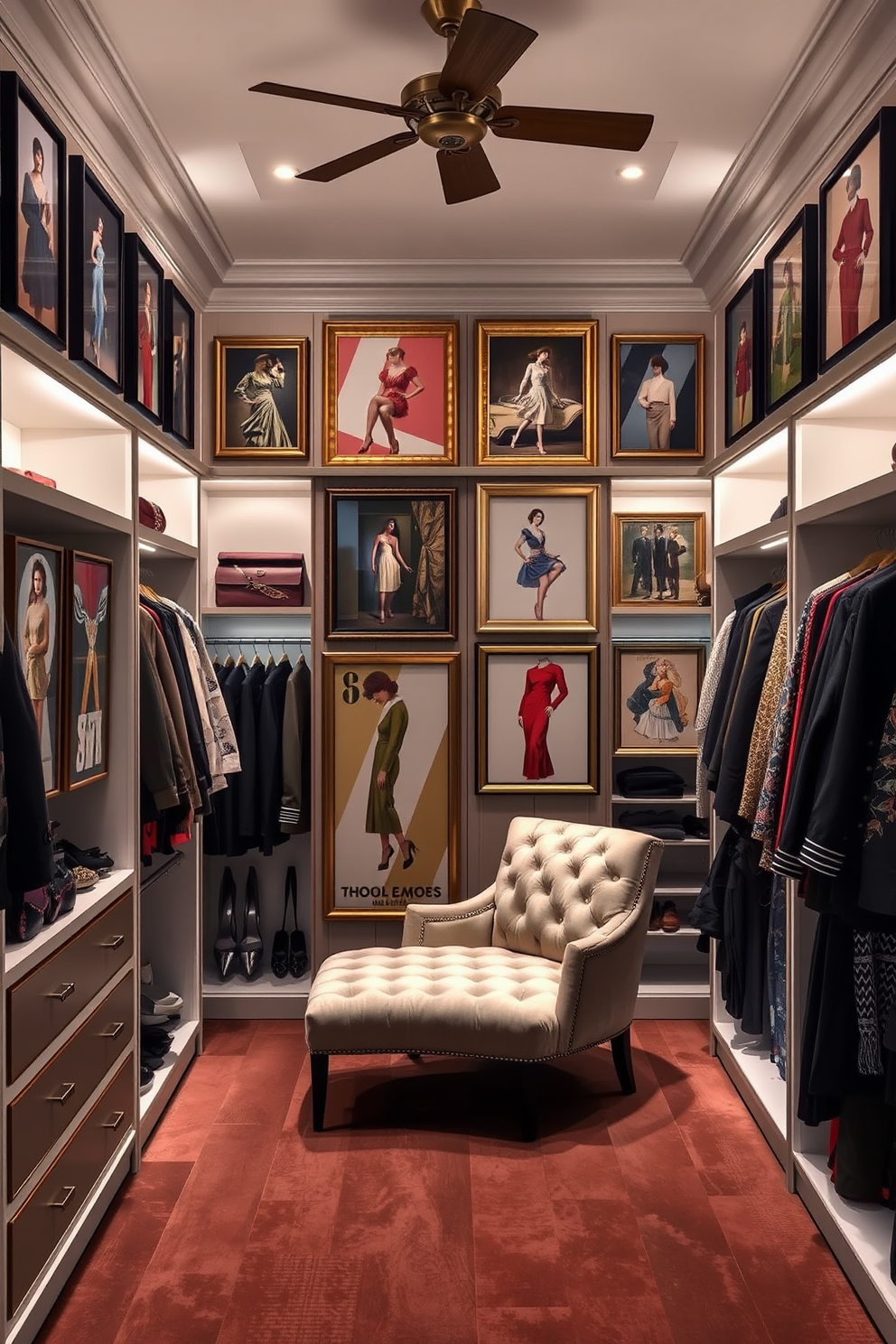 A luxurious walk-in closet featuring framed vintage fashion prints adorning the walls. The space is illuminated by soft lighting, highlighting elegant shelving and a plush seating area for styling outfits.