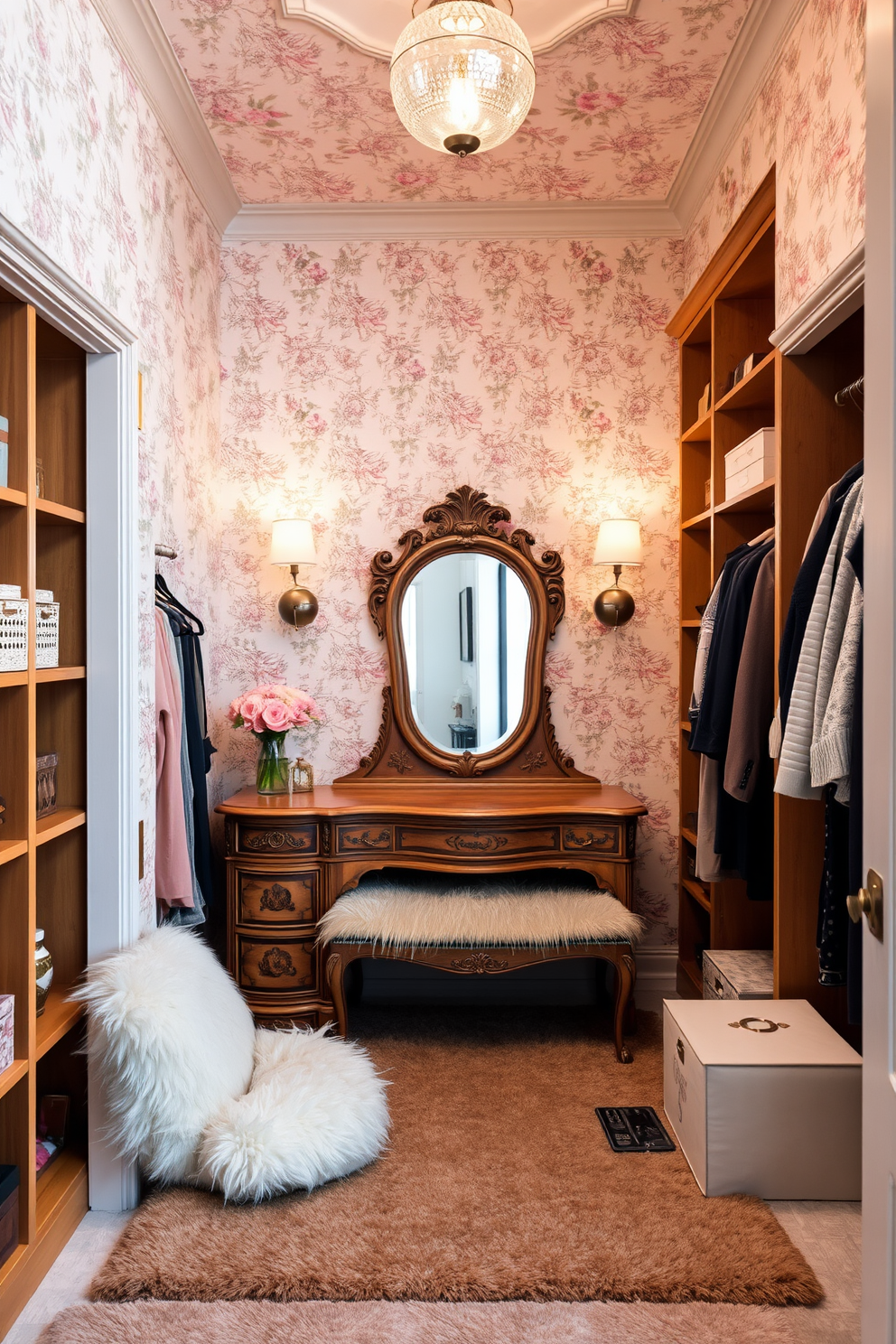 A charming walk-in closet adorned with vintage-inspired wallpaper that creates a cozy atmosphere. The walls are decorated with floral patterns in soft pastel colors, complemented by warm wooden shelving and a plush area rug. The closet features a vintage wooden dressing table with an ornate mirror, surrounded by elegant lighting fixtures. Plush seating is included, inviting relaxation while choosing outfits, and decorative storage boxes add a touch of organization.