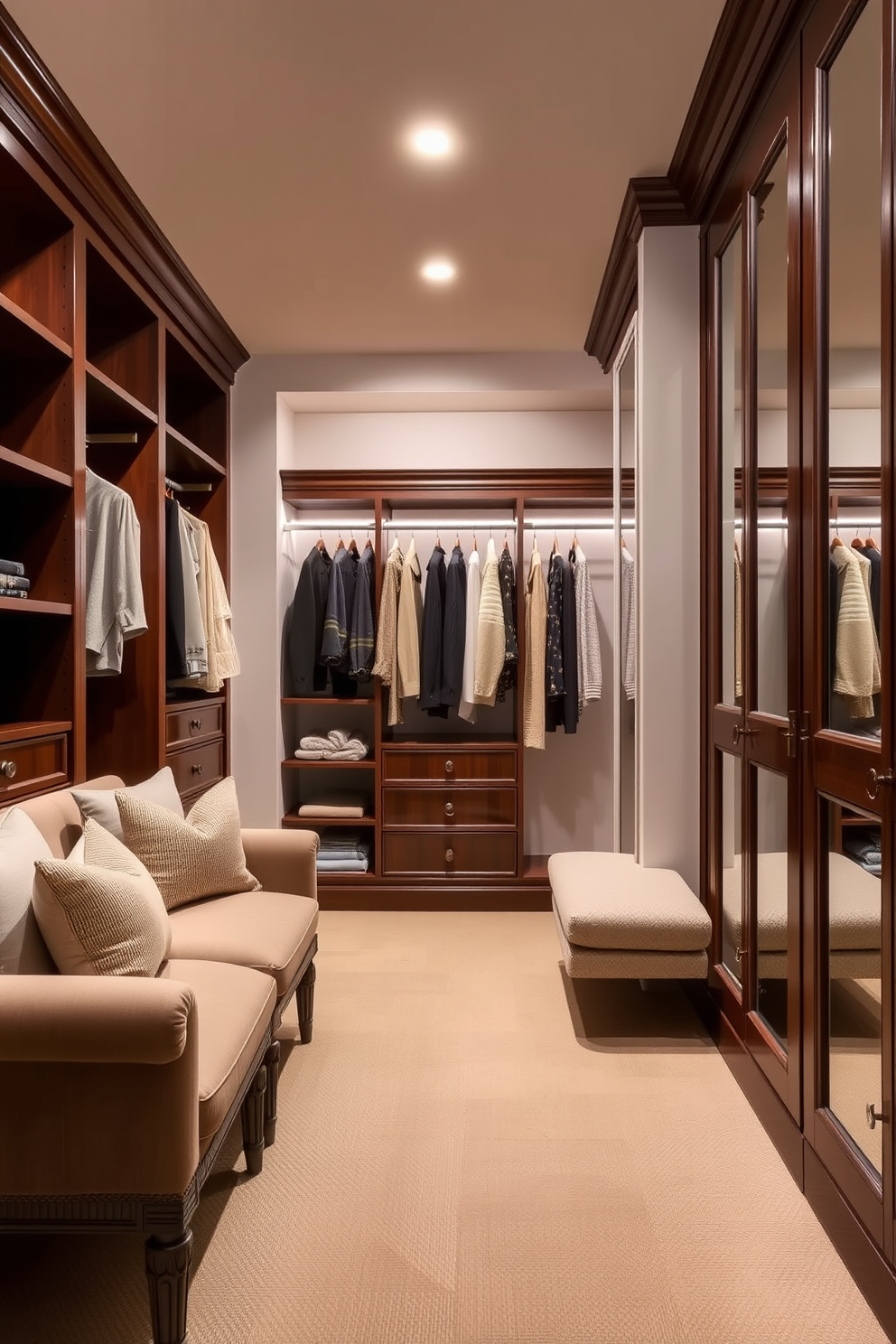 A classic armchair upholstered in soft fabric is positioned in a cozy reading nook. A small side table holds a steaming cup of tea and a stack of well-loved books. The vintage walk-in closet features rich wooden cabinetry with ornate detailing. Soft lighting illuminates the space, highlighting the carefully organized shelves filled with stylish shoes and accessories.