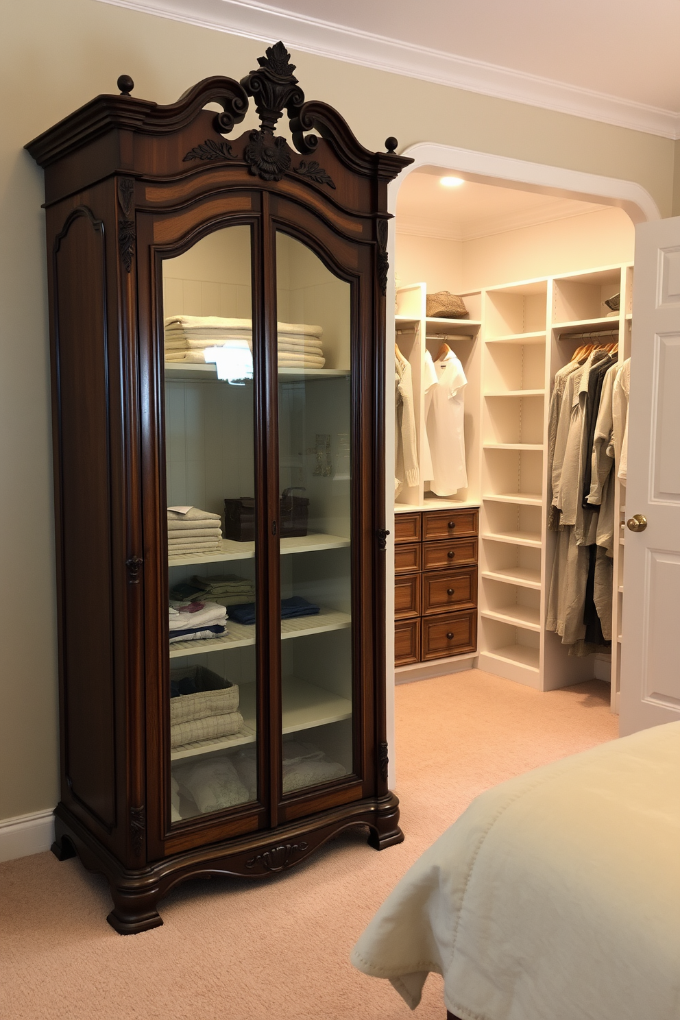 A beautifully crafted antique wardrobe stands against the wall, showcasing intricate carvings and a rich wood finish. Inside, it offers ample storage space for clothing and accessories, adding a touch of elegance to the room. The vintage walk-in closet features a cozy layout with soft lighting and plush carpeting. Shelving and hanging spaces are thoughtfully arranged to create a stylish yet functional storage solution.