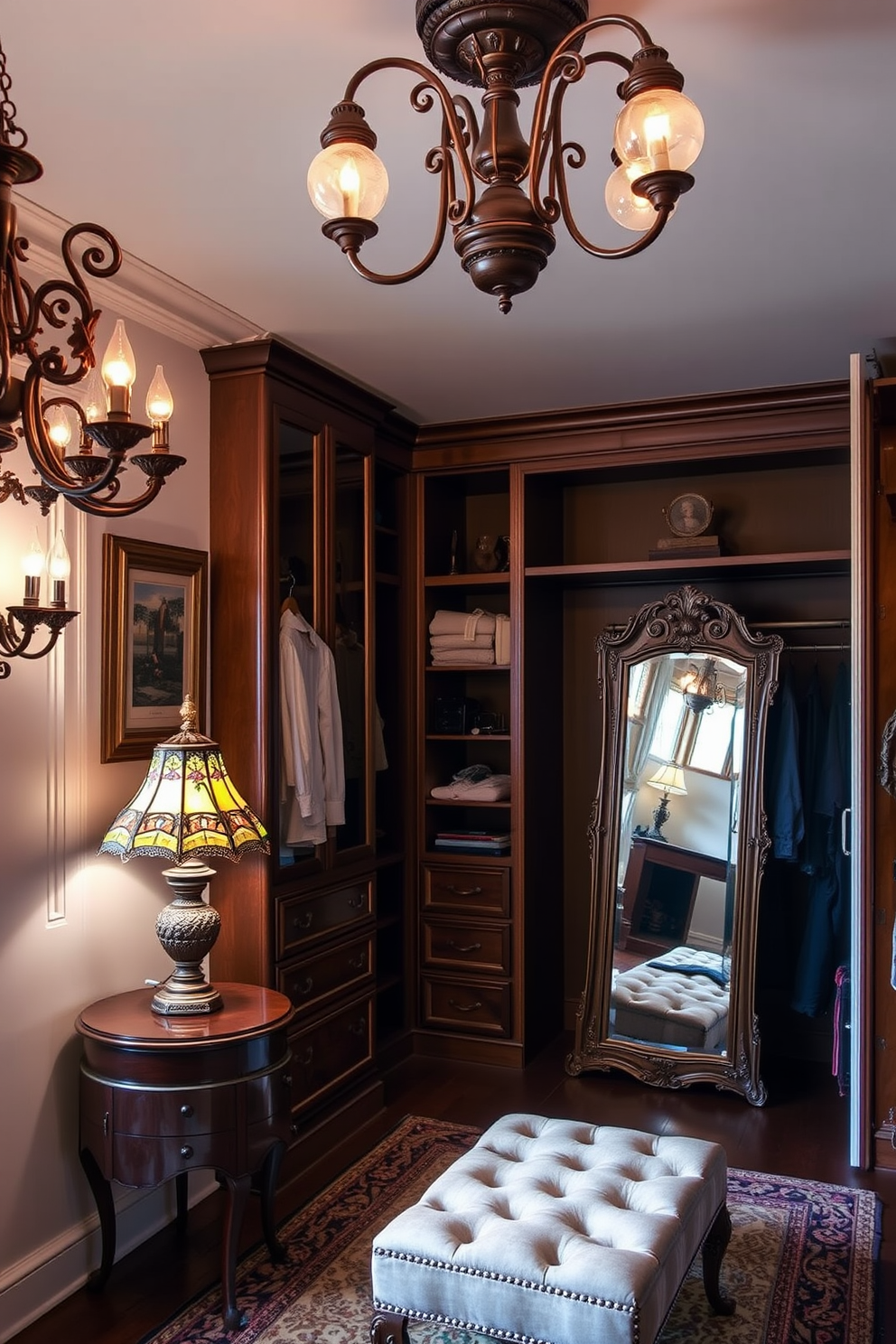 A beautifully crafted antique wardrobe stands against the wall, showcasing intricate carvings and a rich wood finish. The wardrobe features spacious compartments and elegant brass handles, providing ample storage for clothing and accessories. The vintage walk-in closet is designed with a charming blend of rustic and elegant elements. Soft lighting illuminates the space, highlighting the polished wooden shelves and vintage hooks that create a warm and inviting atmosphere.