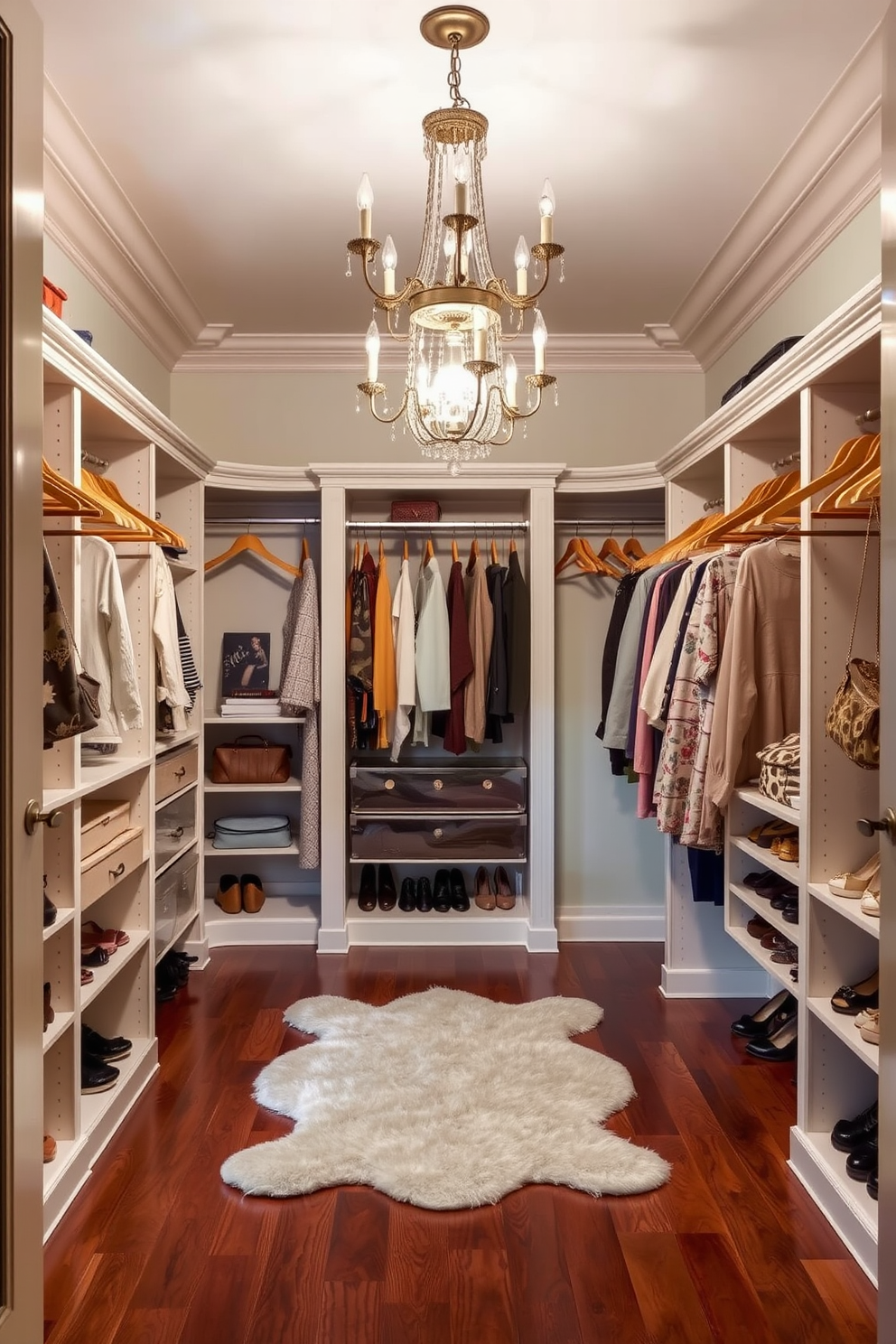 A vintage walk-in closet featuring classic wooden hangers creates a cohesive and elegant aesthetic. The walls are adorned with soft pastel colors, and the flooring is a rich hardwood that complements the wooden hangers beautifully. Stylish shelving units showcase accessories and shoes, while a plush area rug adds warmth to the space. Ample lighting from a vintage chandelier illuminates the closet, enhancing the overall charm and sophistication.