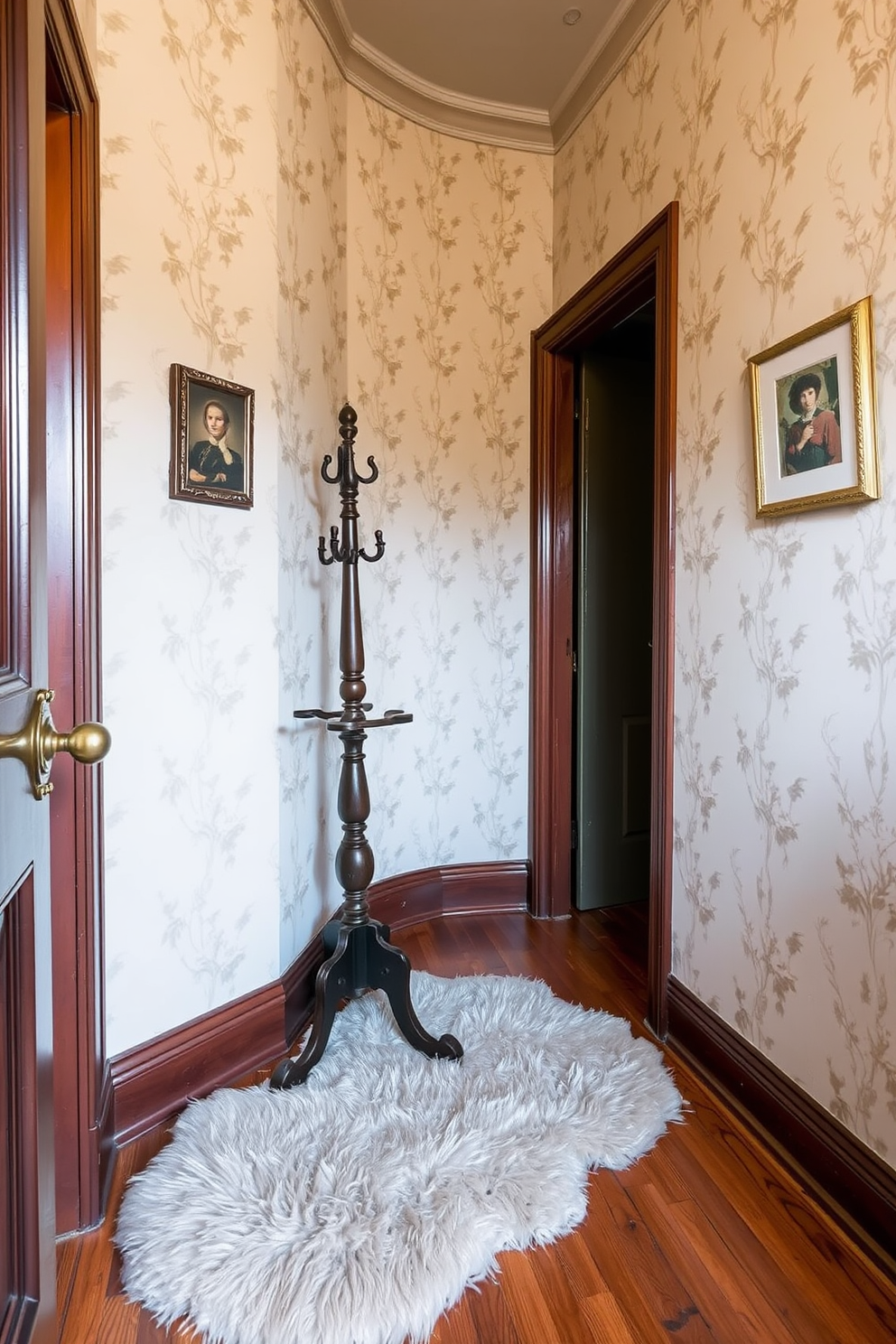 A vintage walk-in closet features an old-fashioned coat stand made of dark wood positioned near the entrance. The walls are adorned with elegant wallpaper in soft pastel tones, and a plush area rug covers the hardwood floor.