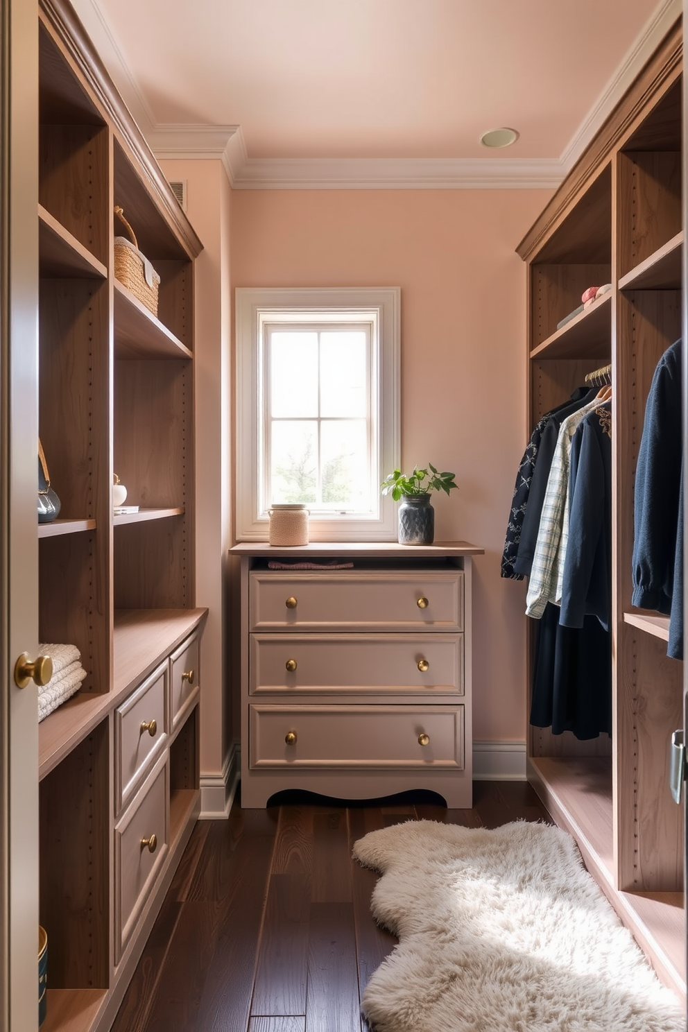 A vintage walk-in closet features a beautifully restored antique dresser that serves as stylish storage. The walls are adorned with soft pastel hues, and a plush area rug adds warmth to the space.