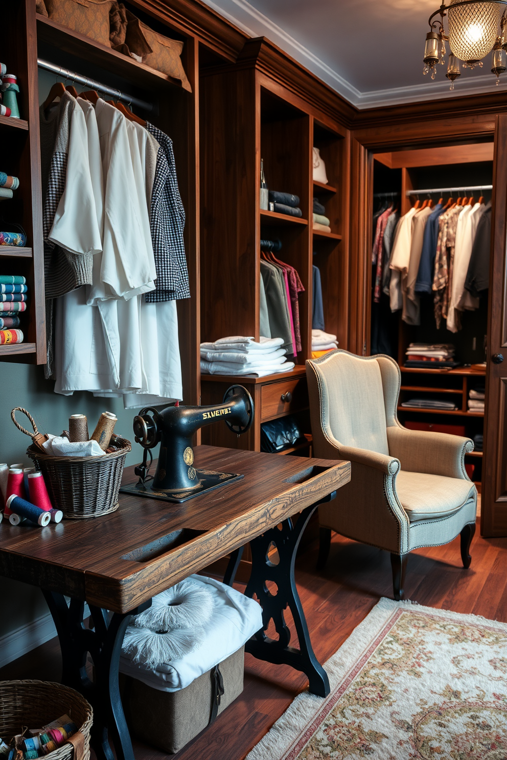 Charming wallpaper with retro designs creates a lively backdrop in a vintage walk-in closet. The walls are adorned with bold patterns featuring geometric shapes and vibrant colors, complementing the eclectic style of the space. The closet features a combination of open shelving and elegant hanging rods made of polished wood. A plush area rug in a coordinating color adds warmth and comfort underfoot, making the closet both functional and inviting.