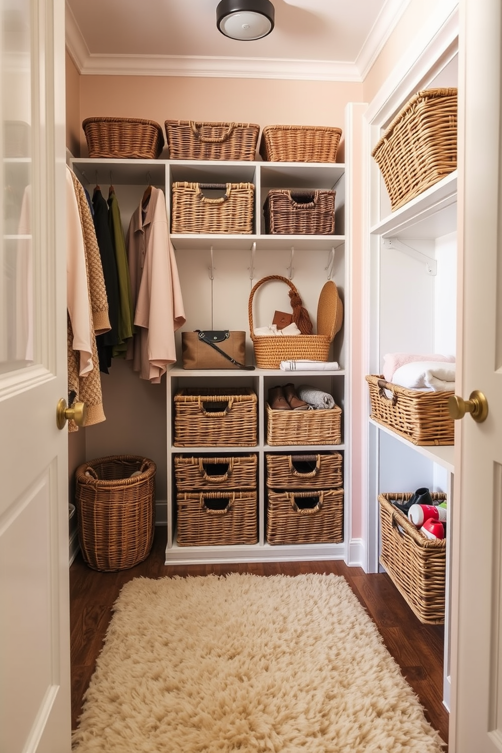 A vintage walk-in closet designed with woven baskets for organized accessories creates a charming yet functional space. The walls are adorned with soft pastel colors, and the floor is covered in a plush area rug that adds warmth and texture.