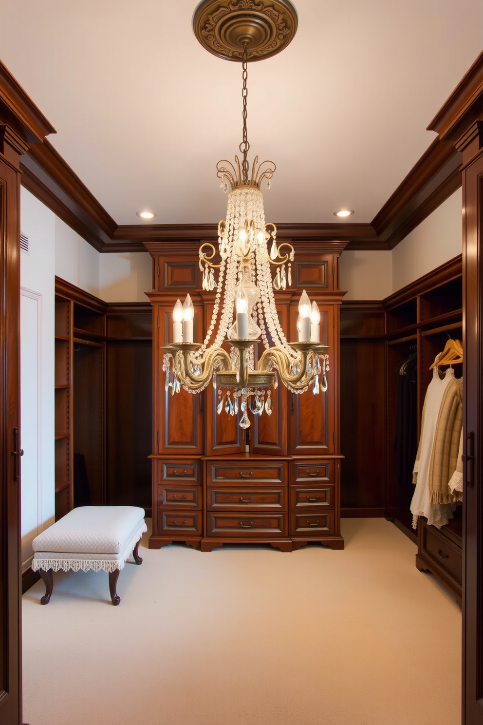 A cozy vintage walk-in closet features an array of antique trunks used as stylish storage solutions. The trunks are arranged along the walls, providing both functionality and a charming aesthetic, while soft lighting enhances the warm tones of the wood and fabric. The design includes a plush seating area in the center, adorned with a vintage rug that complements the trunks. Shelves filled with curated accessories and elegant hangers display a carefully selected wardrobe, creating an inviting and organized space.