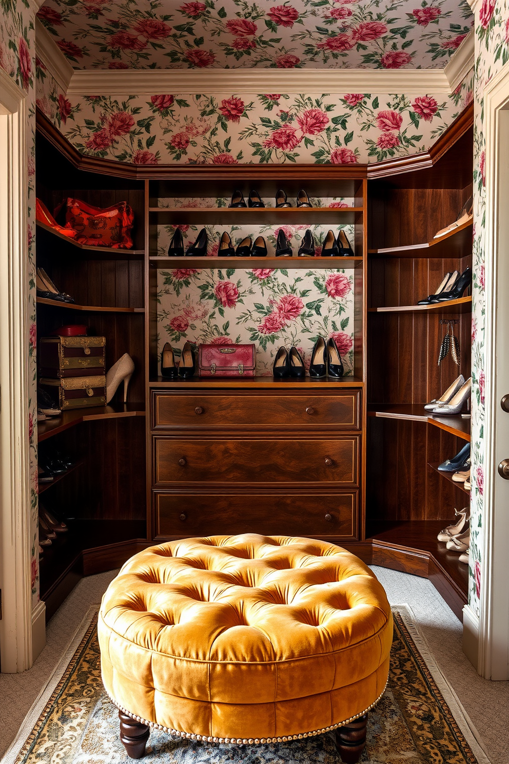 A vintage walk-in closet adorned with retro floral wallpaper that adds a charming touch. The space features a plush velvet ottoman in the center, surrounded by elegant wooden shelves showcasing a curated collection of shoes and accessories.