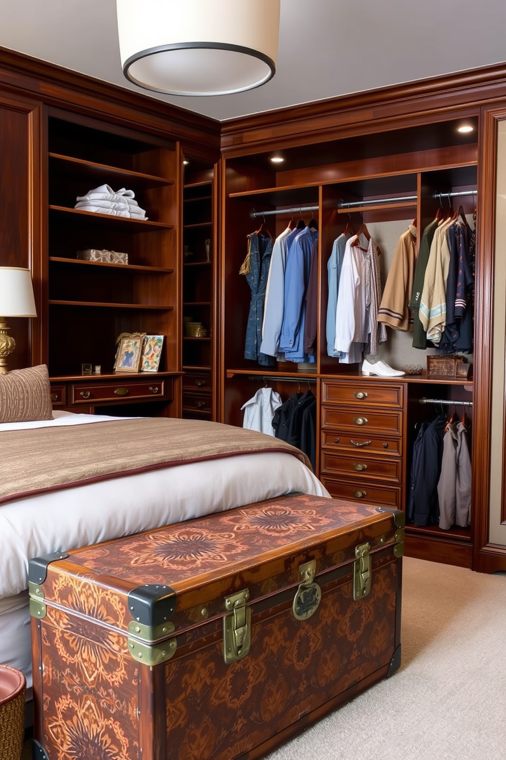 A vintage trunk serves as a unique bench at the foot of a plush bed. The trunk is adorned with intricate patterns and rich colors, providing both storage and a charming focal point in the room. The walk-in closet features elegant wooden shelving and hanging space, designed to accommodate an extensive wardrobe. Soft lighting highlights the vintage-inspired decor, creating a warm and inviting atmosphere.