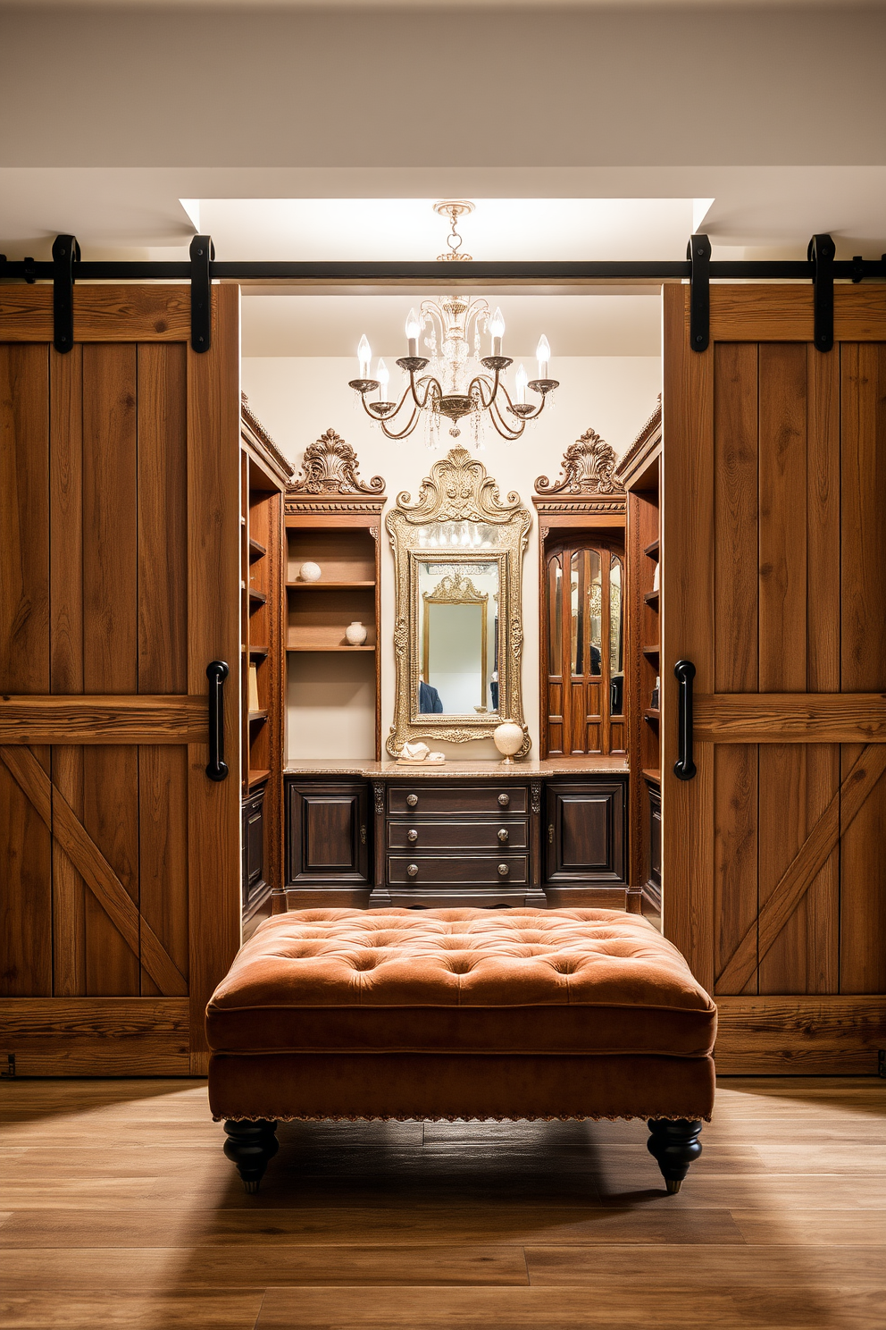 A rustic ladder leans against a wall, adorned with various accessories such as scarves and hats. The wood has a weathered finish, adding charm and character to the space. The vintage walk-in closet features exposed wooden beams and soft ambient lighting. Shelves made of reclaimed wood display neatly folded clothes and stylish shoe arrangements.