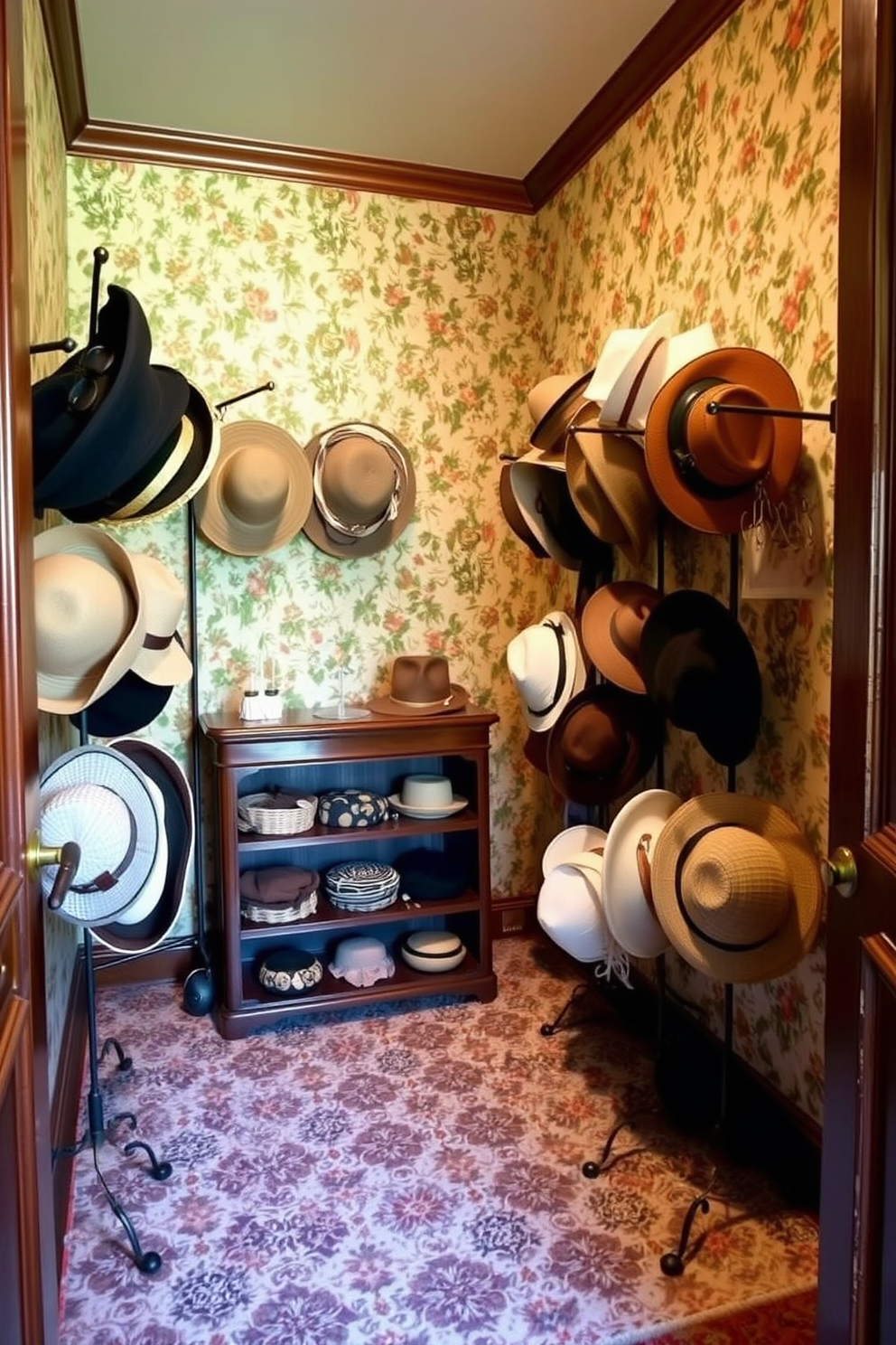 A vintage walk-in closet featuring old-fashioned hat racks elegantly displaying a variety of stylish hats. The walls are adorned with floral wallpaper, and the floor is covered with a plush, patterned carpet that adds warmth to the space.