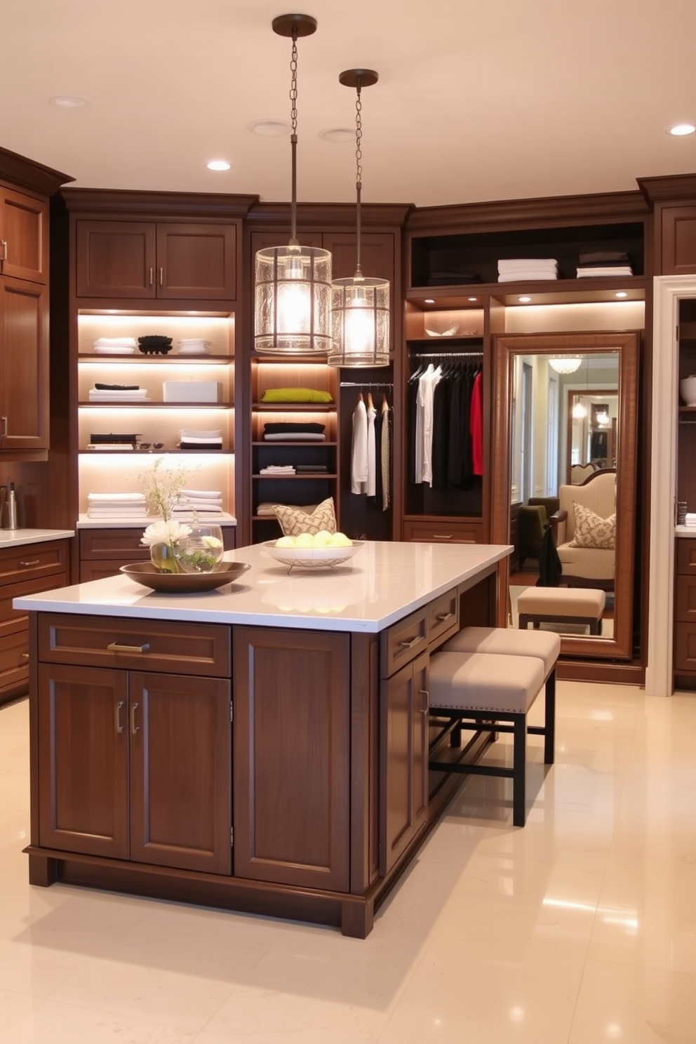 A spacious island serves as both a functional accessory and a stylish storage solution. The island features ample counter space with elegant cabinetry underneath, complemented by decorative pendant lights above. The walk-in closet design exudes luxury and organization. It includes built-in shelving, a plush seating area, and a full-length mirror, all illuminated by soft ambient lighting.