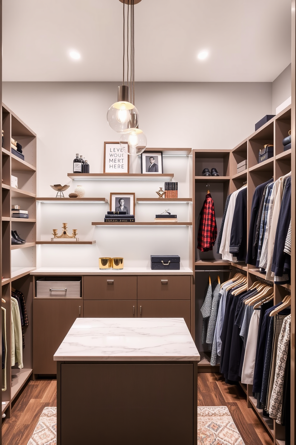 A modern walk-in closet featuring floating shelves for decorative items. The shelves are arranged in a staggered pattern against a soft gray wall, showcasing curated decor pieces and stylish storage boxes. The closet includes a central island with a marble top, surrounded by organized hanging space for clothing. Elegant lighting fixtures illuminate the space, creating a bright and inviting atmosphere.