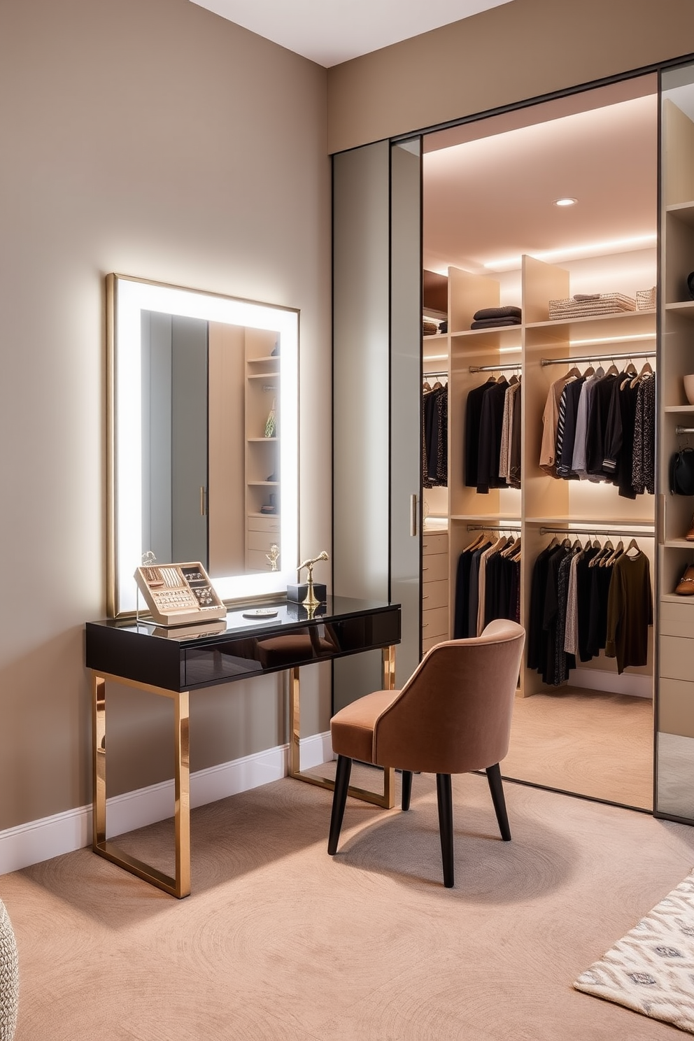 A luxurious walk-in closet features sleek glass display cases elegantly showcasing a curated collection of accessories. The walls are adorned with soft ambient lighting, highlighting the rich textures of the wooden shelving and plush carpet underfoot.