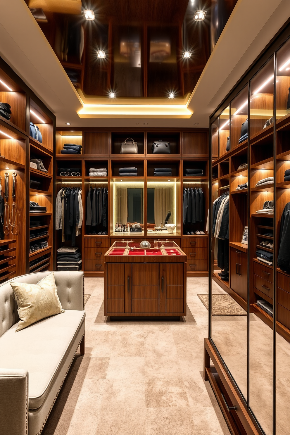 A luxurious walk-in closet featuring hidden compartments for valuable items. The space is illuminated by soft recessed lighting and showcases custom shelving with a rich wood finish. Incorporate a central island with velvet-lined drawers for jewelry storage. The design includes a full-length mirror and a plush seating area for comfort and style.