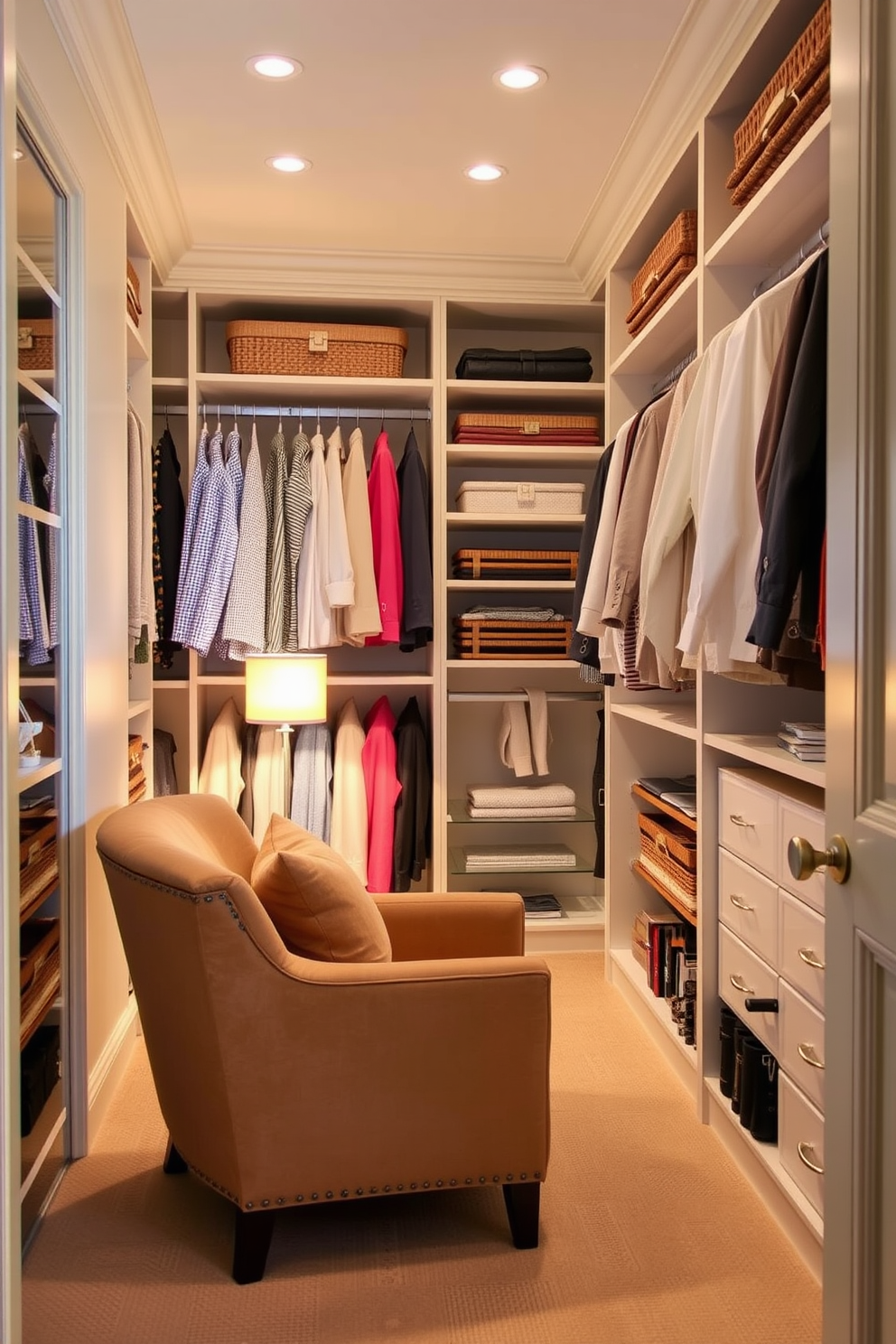 A spacious walk-in closet featuring custom shelving and hanging space for clothing. In one corner, a cozy reading nook is created with a plush armchair, a small side table, and a warm floor lamp for inviting light.