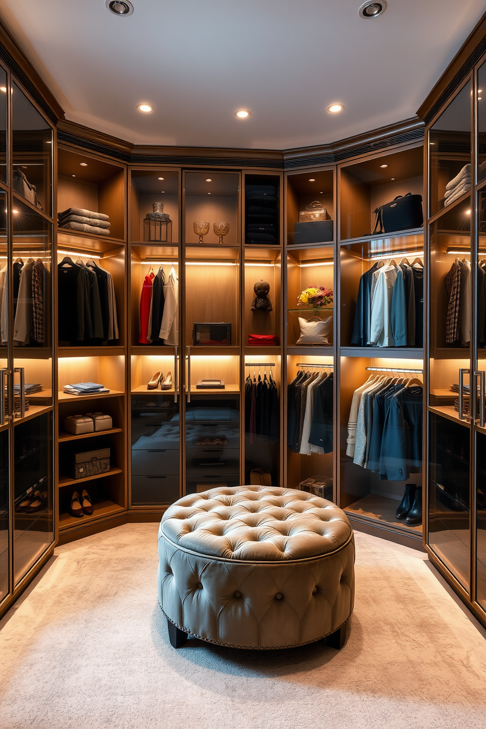 A luxurious walk-in closet featuring glass-front cabinets that showcase elegant clothing and accessories. The space is illuminated by soft recessed lighting, creating a warm and inviting atmosphere. The cabinets are arranged in a U-shape, providing ample storage while maintaining stylish visibility. A plush ottoman sits in the center, inviting relaxation and convenience for outfit selections.