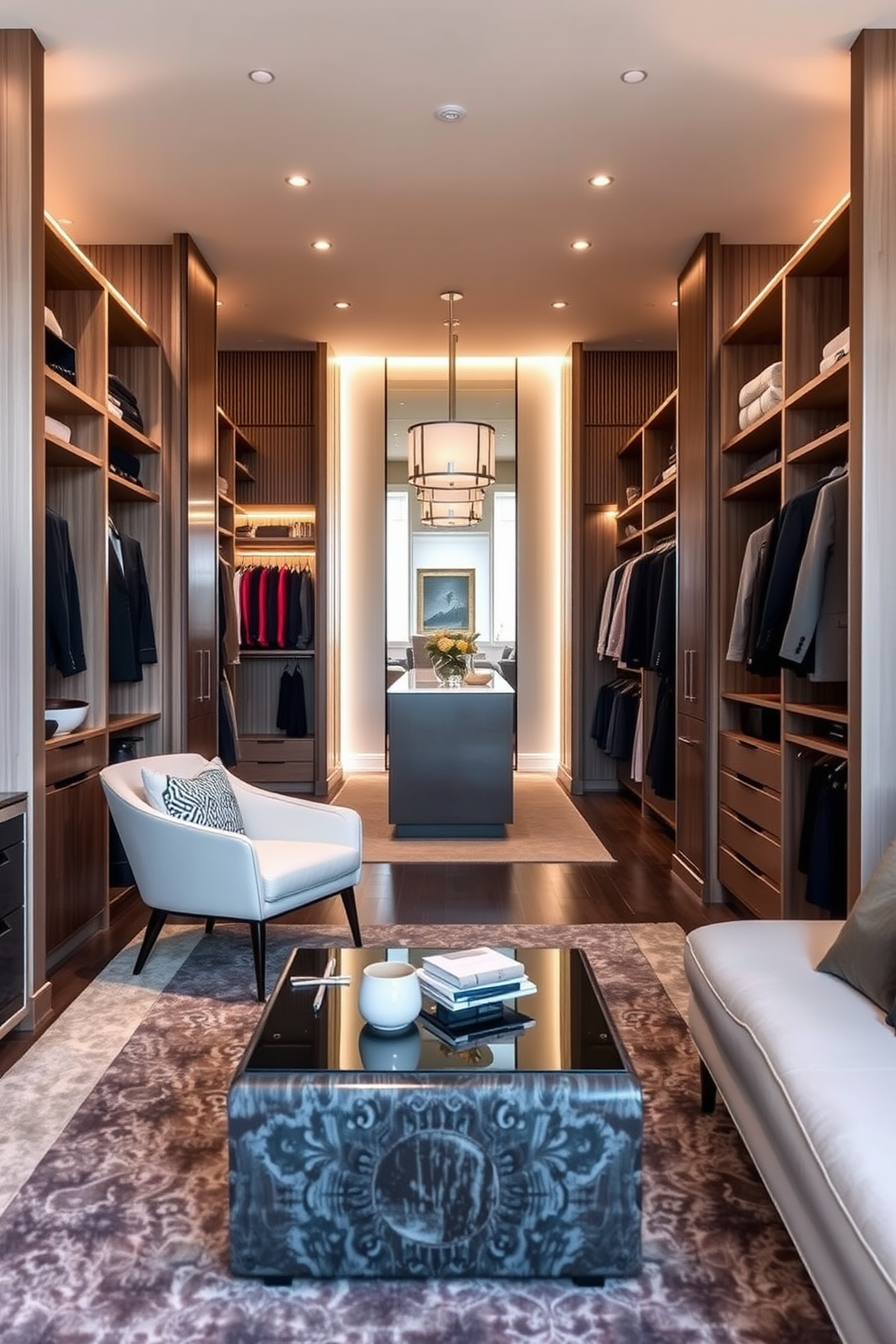 A luxurious walk-in closet featuring pull-out racks for efficient access to clothing and accessories. The space is illuminated with soft lighting, and the walls are lined with elegant shelving to showcase shoes and bags.