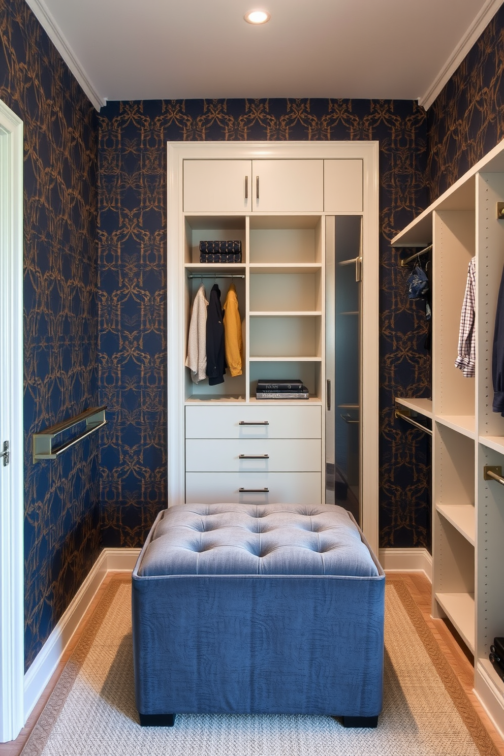 Accent wallpaper for a unique flair. The walls are adorned with a bold geometric pattern in rich navy and gold tones, creating a striking focal point in the room. Walk-In-Closet Design Ideas. The closet features custom shelving and hanging rods, with a plush ottoman in the center for added comfort and style.