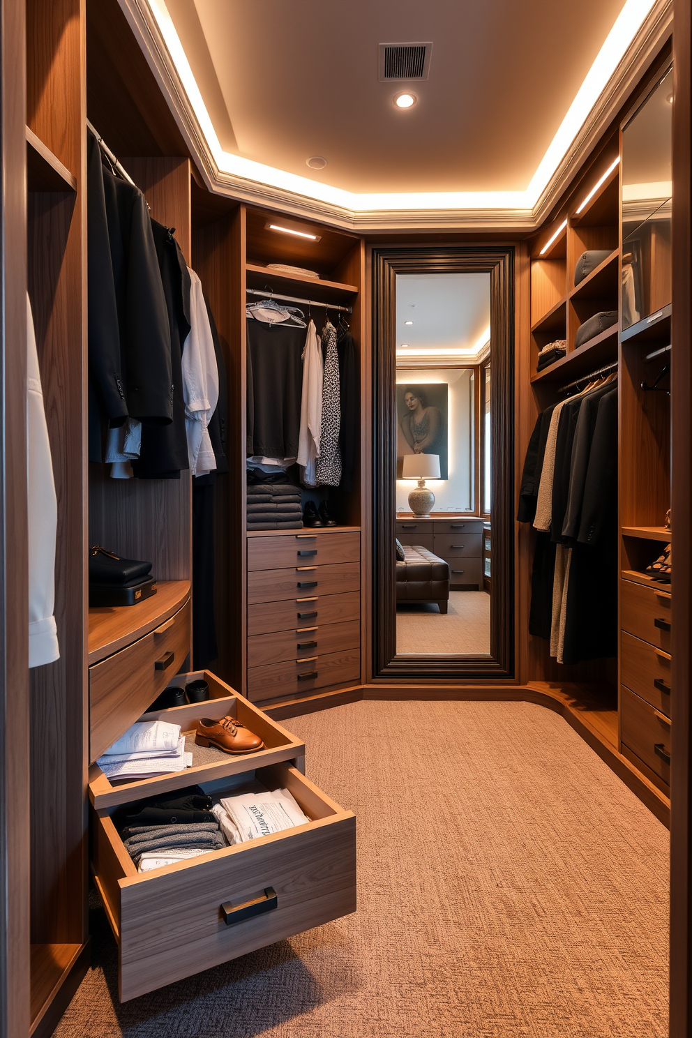 A spacious walk-in closet featuring pull-out drawers for easy access to items. The design includes custom shelving and a full-length mirror, with warm lighting enhancing the luxurious feel.