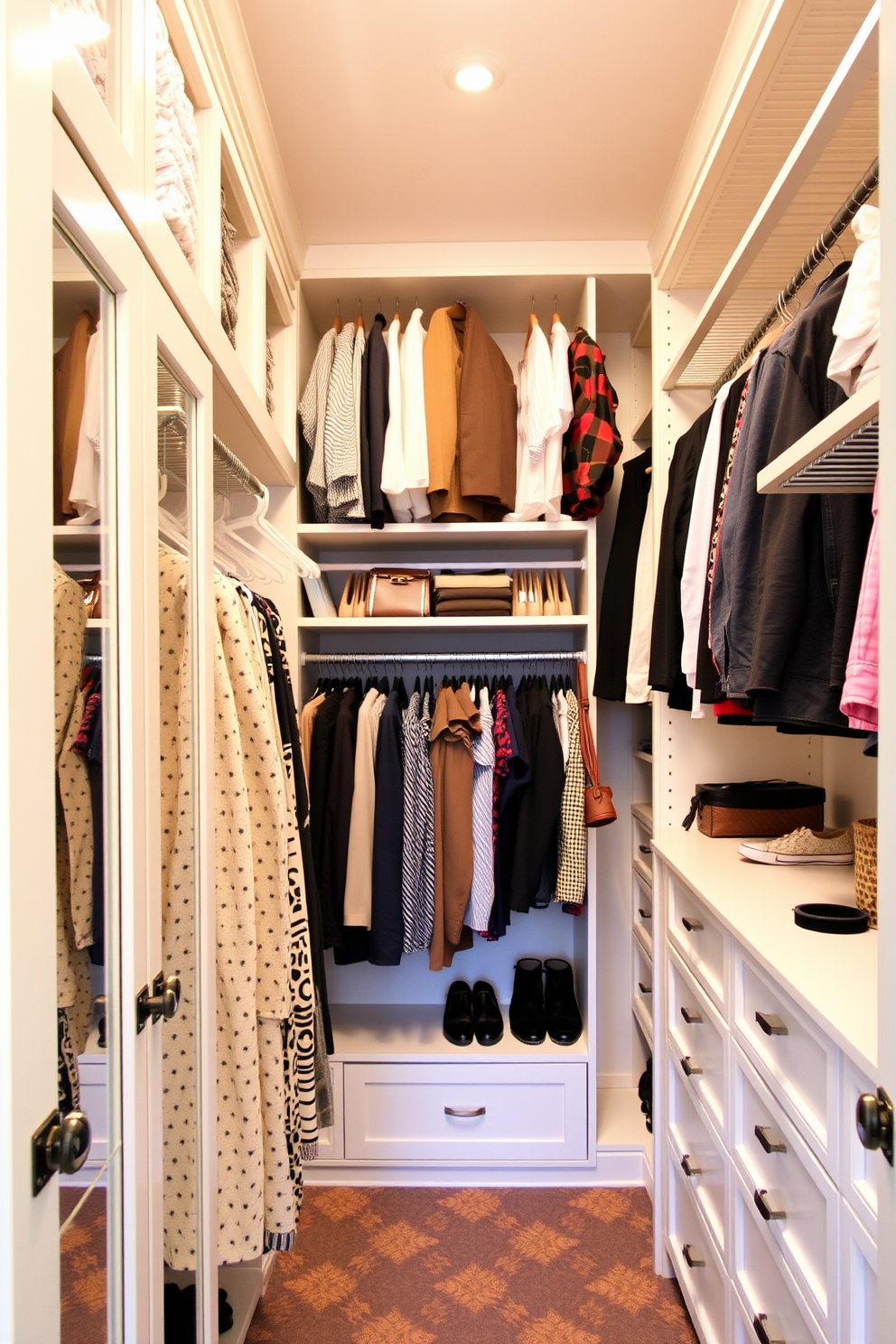 A spacious walk-in closet features multi-tiered hanging rods that provide versatility for organizing clothing and accessories. The design includes built-in shelves and drawers, allowing for efficient storage and easy access to items.