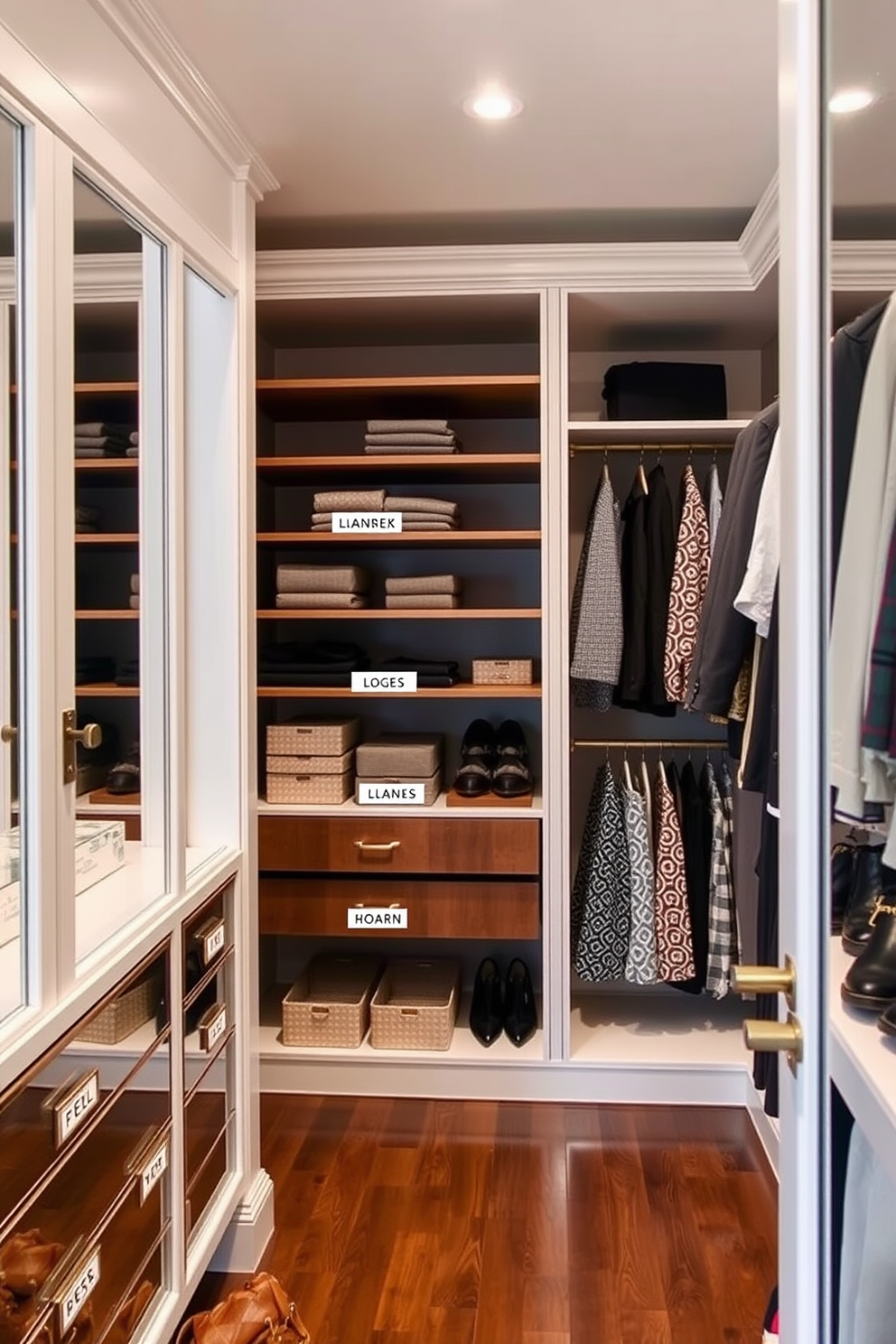 A stylish walk-in closet featuring bamboo shelving for an eco-friendly touch. The shelves are arranged in a modern layout, showcasing neatly folded clothes and stylish accessories. Soft lighting illuminates the space, creating a warm and inviting atmosphere. A plush area rug adds comfort underfoot, while a full-length mirror enhances the sense of space.