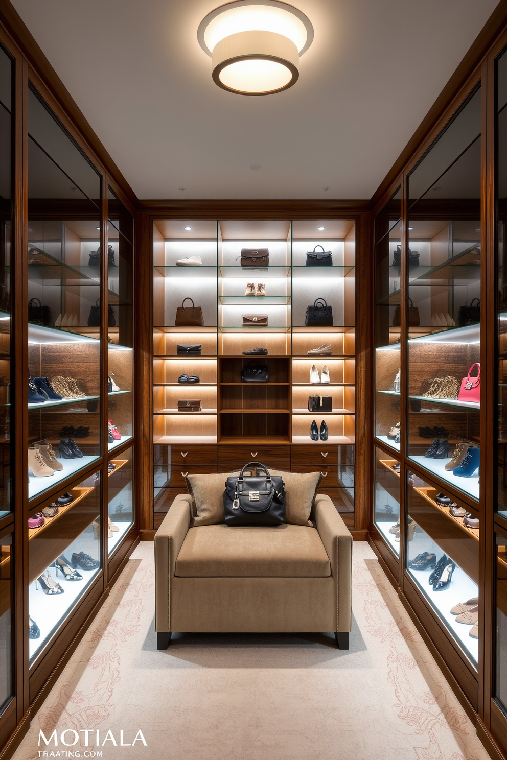 A warm and inviting walk-in closet features rich wooden shelving and cabinetry that create a cozy atmosphere. Soft lighting illuminates the space, highlighting neatly organized shoes and accessories displayed on open shelves. A plush area rug adds comfort underfoot, while a comfortable seating nook provides a perfect spot for putting on shoes. Elegant mirrors line one wall, enhancing the sense of space and reflecting the beautiful design elements throughout the closet.