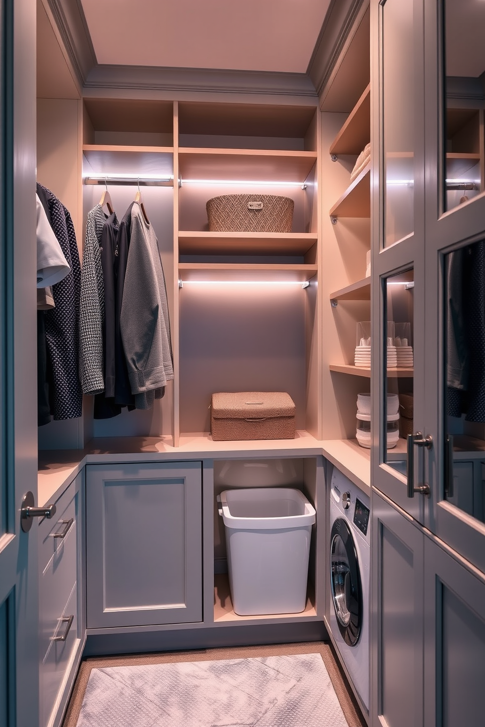 A stylish walk-in closet features custom shelving and hanging space for garments. Soft ambient lighting illuminates the area, creating a warm and inviting atmosphere. An integrated laundry hamper is cleverly designed into the cabinetry, ensuring convenience and organization. The hamper is easily accessible yet discreetly hidden to maintain the aesthetic of the space.