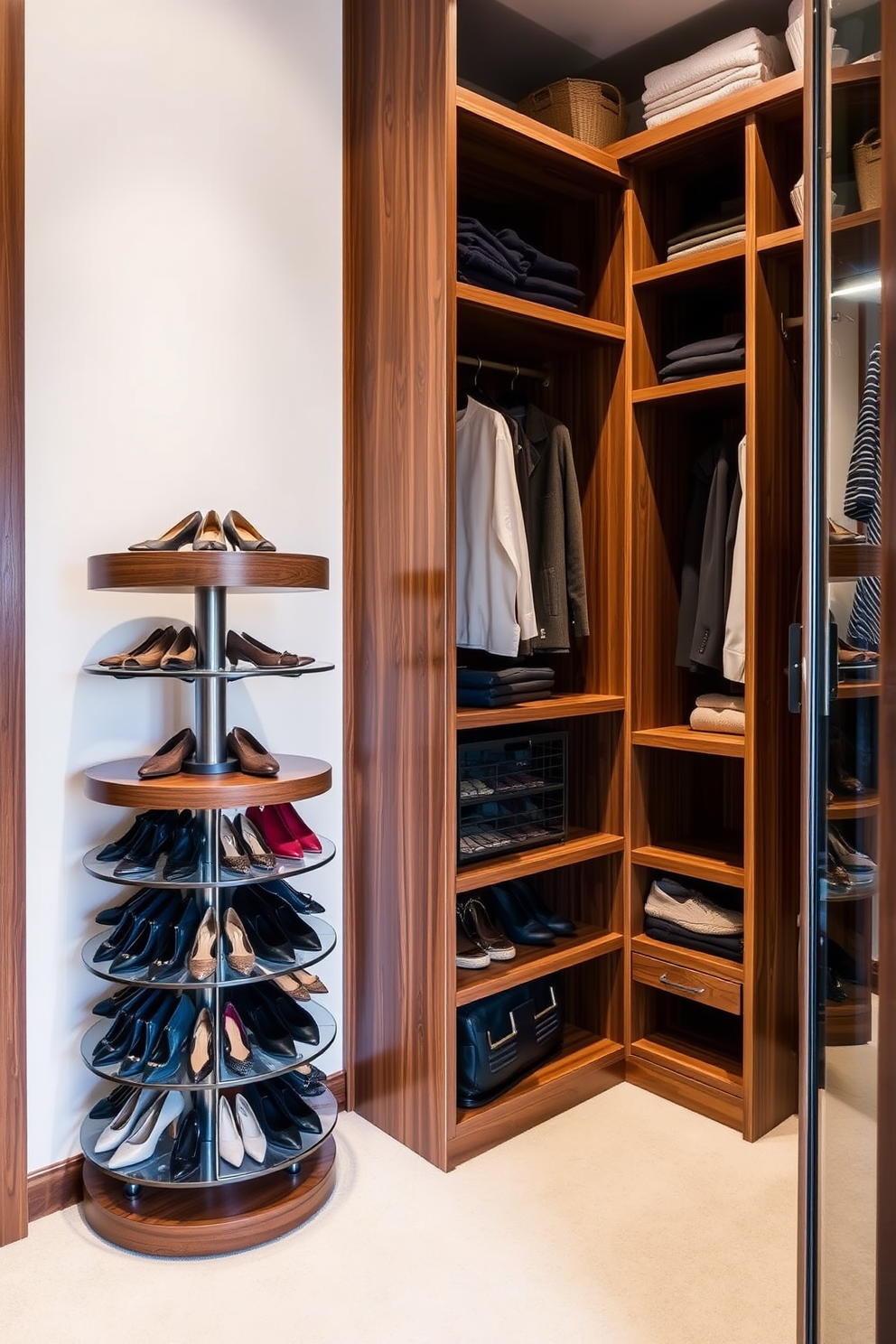 A sleek shoe carousel occupies the corner of the walk-in closet, designed with multiple tiers to hold a variety of shoe styles. The carousel is crafted from elegant wood, enhancing the overall aesthetic while providing efficient storage. The walk-in closet features custom shelving and hanging space, maximizing organization and accessibility. Soft LED lighting illuminates the space, highlighting the luxurious finishes and creating an inviting atmosphere.