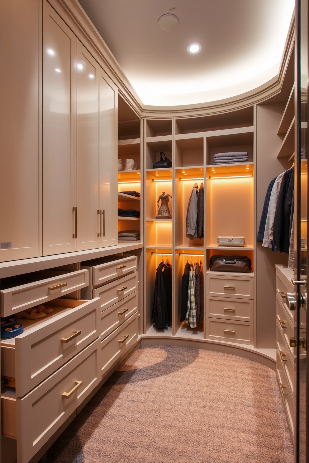 A luxurious walk-in closet featuring hidden compartments for secret storage. The space includes custom shelving, a plush seating area, and elegant lighting that highlights the rich wood finishes.