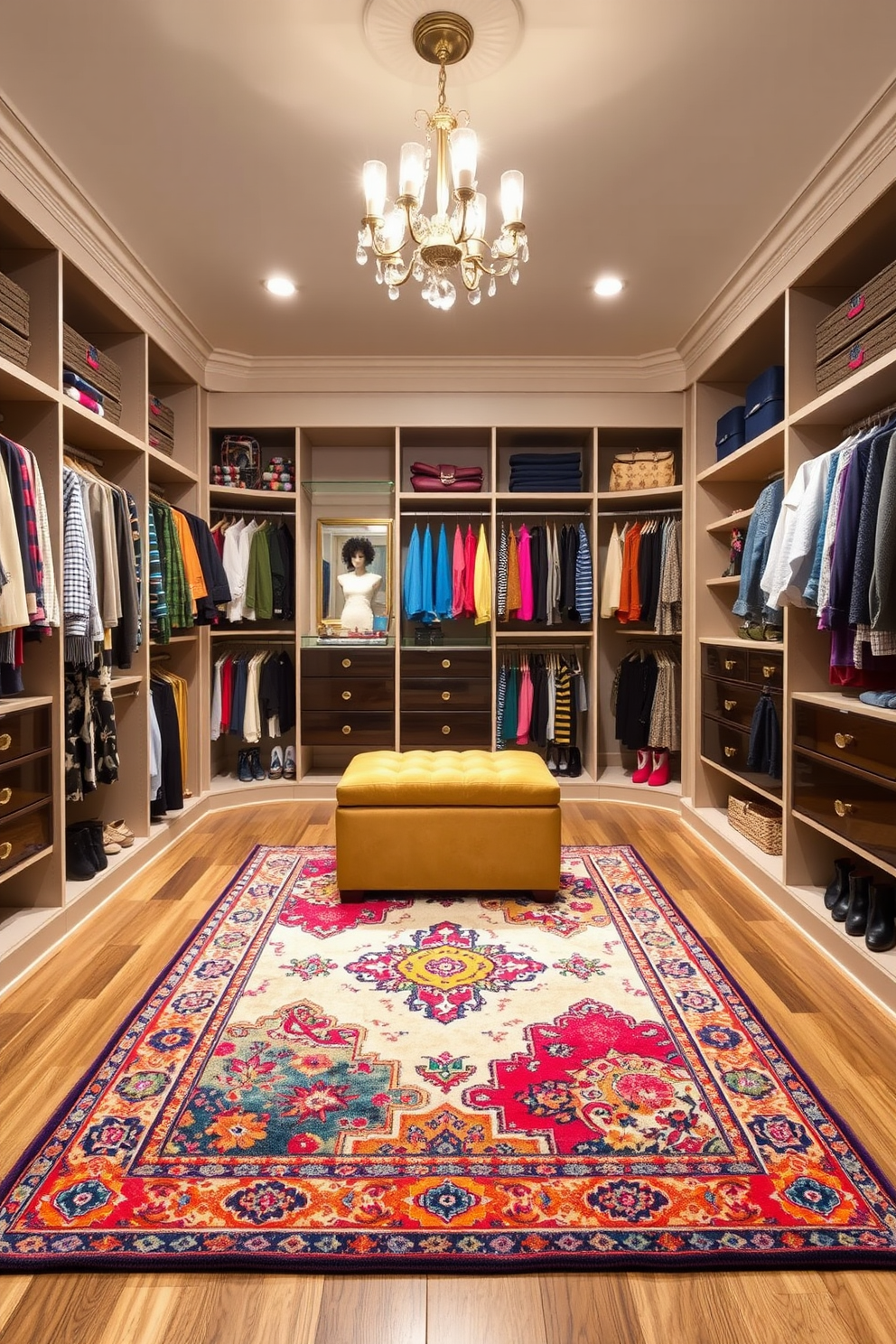 A vibrant accent rug is placed in the center of the room, featuring a mix of bold colors and intricate patterns that complement the surrounding decor. The rug adds warmth and comfort, inviting a cozy atmosphere while enhancing the overall aesthetic of the space. The walk-in closet is designed with custom shelving and hanging space, showcasing an organized arrangement of clothes and accessories. Elegant lighting fixtures illuminate the area, while a plush ottoman provides a comfortable spot for dressing and shoe selection.