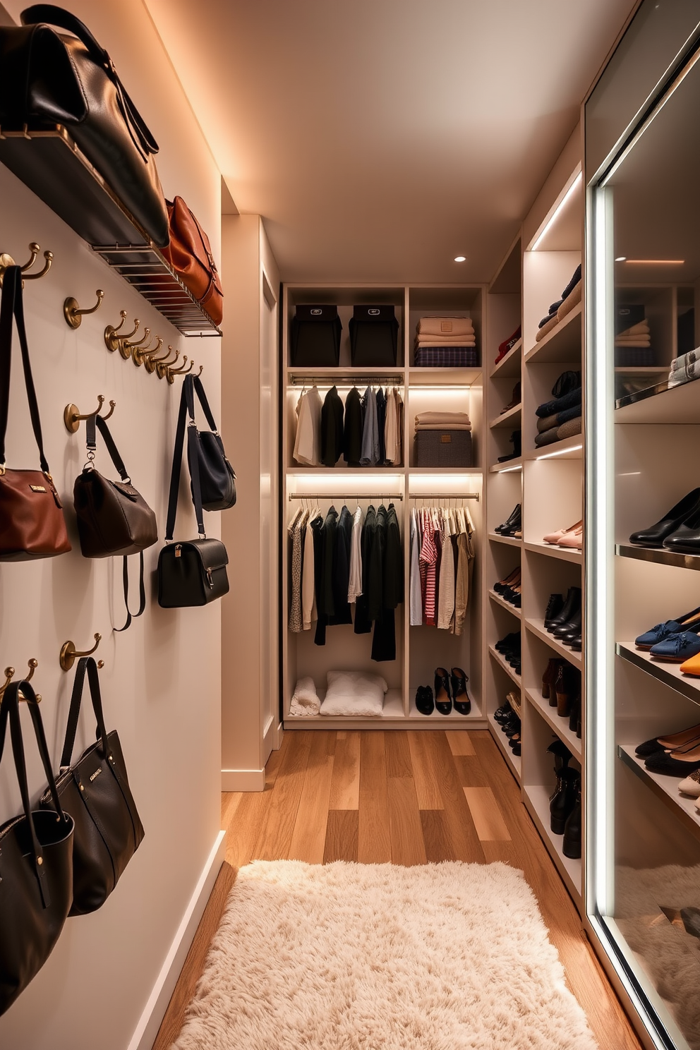 A stylish walk-in closet featuring wall-mounted hooks for bags and accessories. The hooks are arranged in an organized manner along one wall, complemented by soft ambient lighting and a plush area rug underfoot. On the opposite side, there are custom shelving units filled with neatly arranged shoes and folded clothes. A large mirror with a sleek frame is positioned at the end of the closet, enhancing the sense of space and luxury.