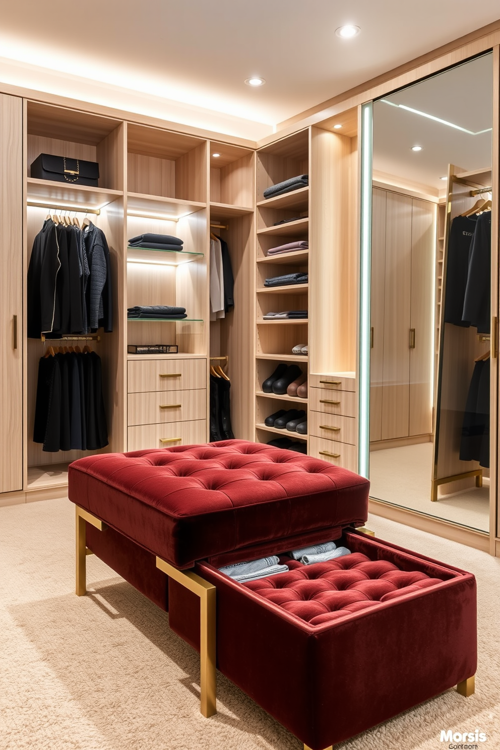 A stylish walk-in closet featuring decorative baskets arranged neatly on shelves for a tidy appearance. The baskets are made of natural fibers and come in varying sizes to store accessories, shoes, and folded garments. The closet is illuminated by soft, ambient lighting that highlights the elegant wooden cabinetry. A plush ottoman sits in the center, providing a comfortable space for trying on shoes or organizing outfits.