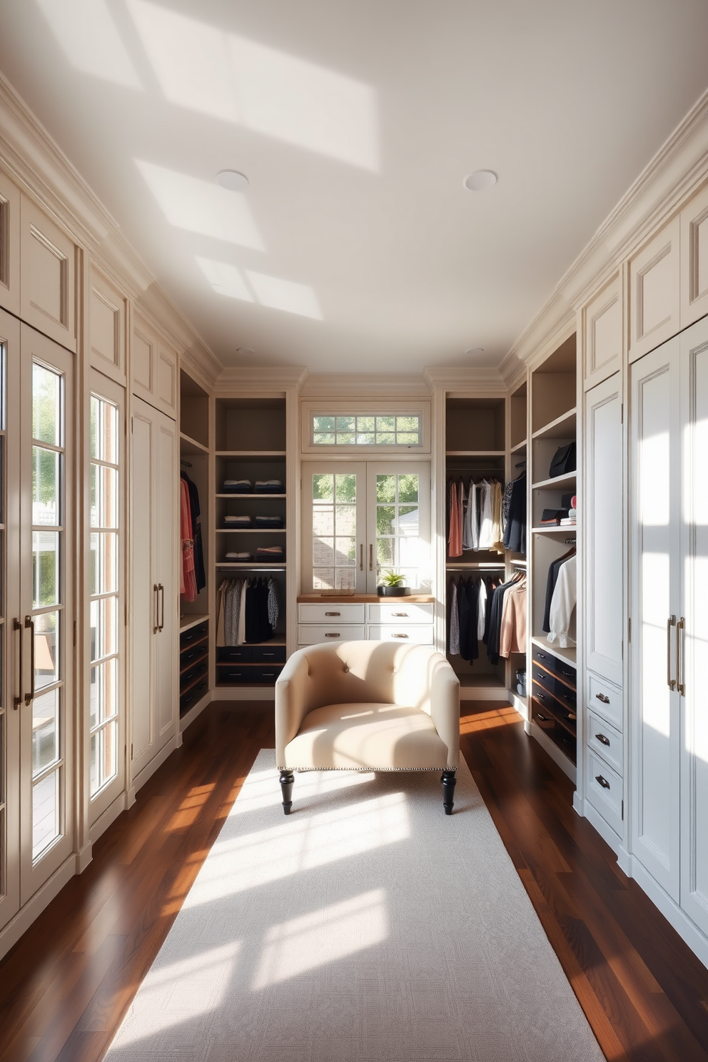 A spacious walk-in closet bathed in natural light streaming through large windows. The room features elegant built-in shelving and hanging space, with a plush seating area in the center for comfort and style.