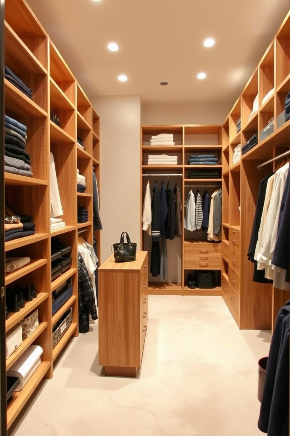 A walk-in closet featuring adjustable shelving that caters to changing storage needs. The design includes a mix of open and closed storage solutions, with a central island for accessories and ample lighting to enhance visibility.