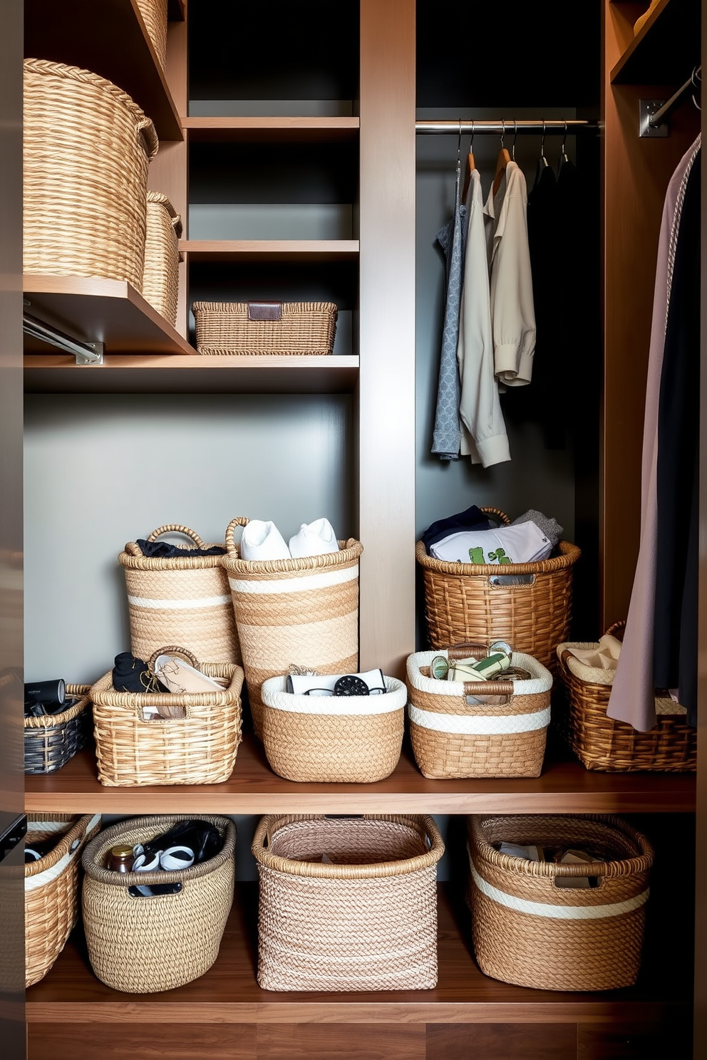 A collection of decorative baskets in various sizes and textures is neatly arranged on a wooden shelf in a walk-in closet. Each basket is filled with accessories and clothing items, adding both style and organization to the space. The walk-in closet features custom shelving and hanging rods, maximizing storage while maintaining a chic aesthetic. Soft lighting illuminates the area, highlighting the elegant finishes and creating a welcoming atmosphere.