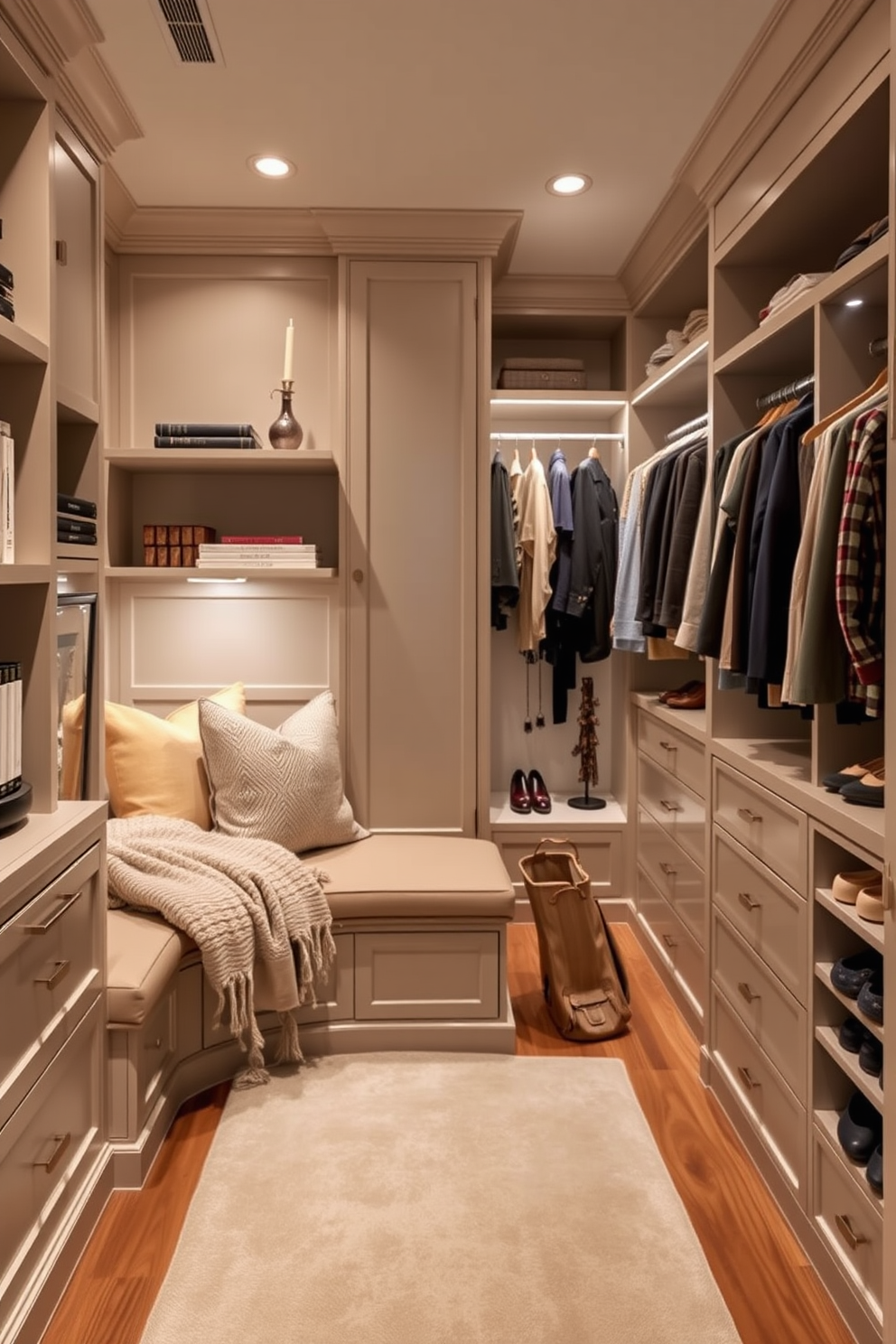 A luxurious walk-in closet featuring mirrored doors that enhance light reflection and create a sense of spaciousness. The closet is adorned with elegant shelving and hanging spaces, complemented by soft ambient lighting that highlights the rich textures of the clothing and accessories.