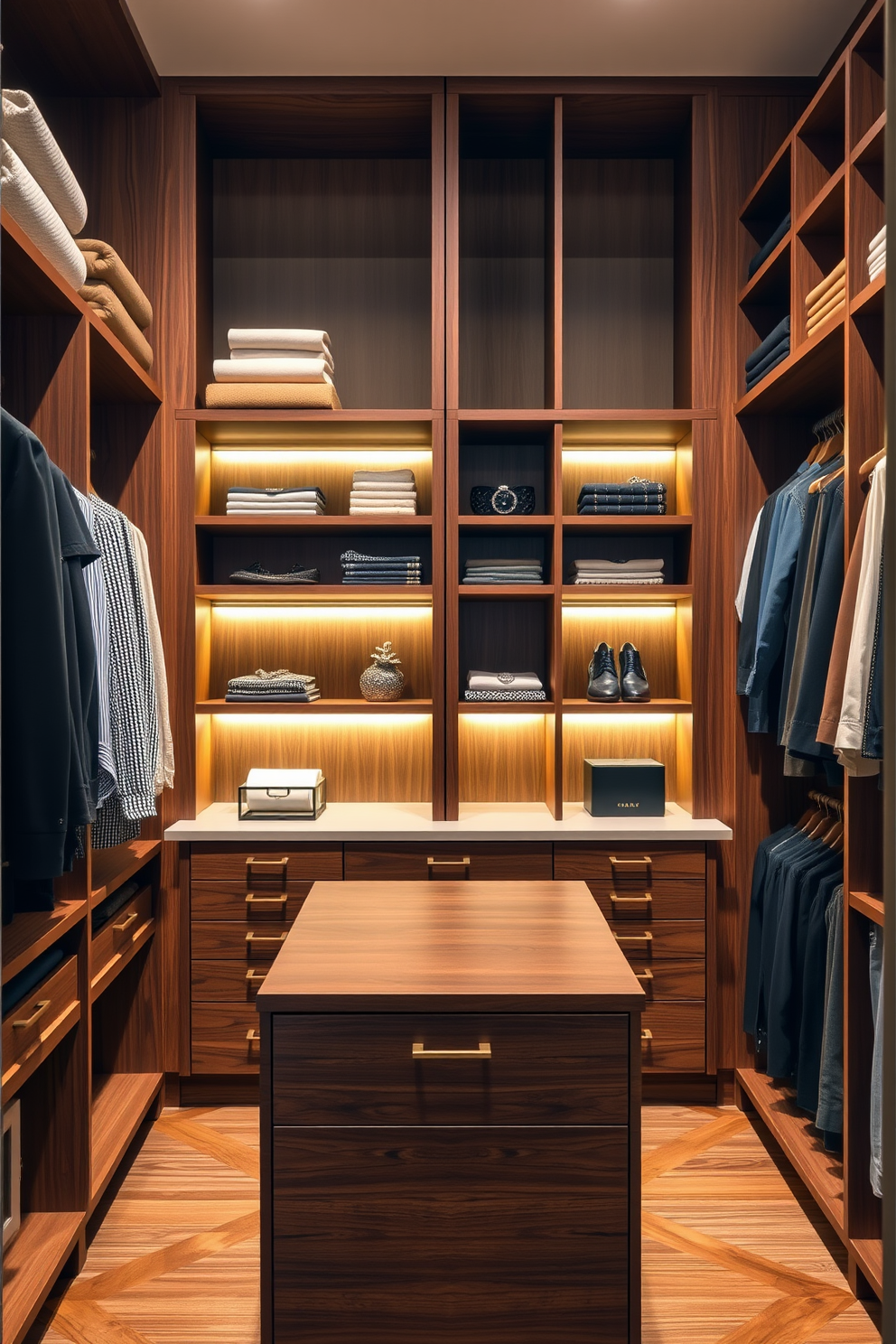 A stylish walk-in closet featuring open shelving for easy access and display of shoes and accessories. The shelves are made of natural wood, providing a warm contrast to the soft white walls and elegant lighting fixtures above.