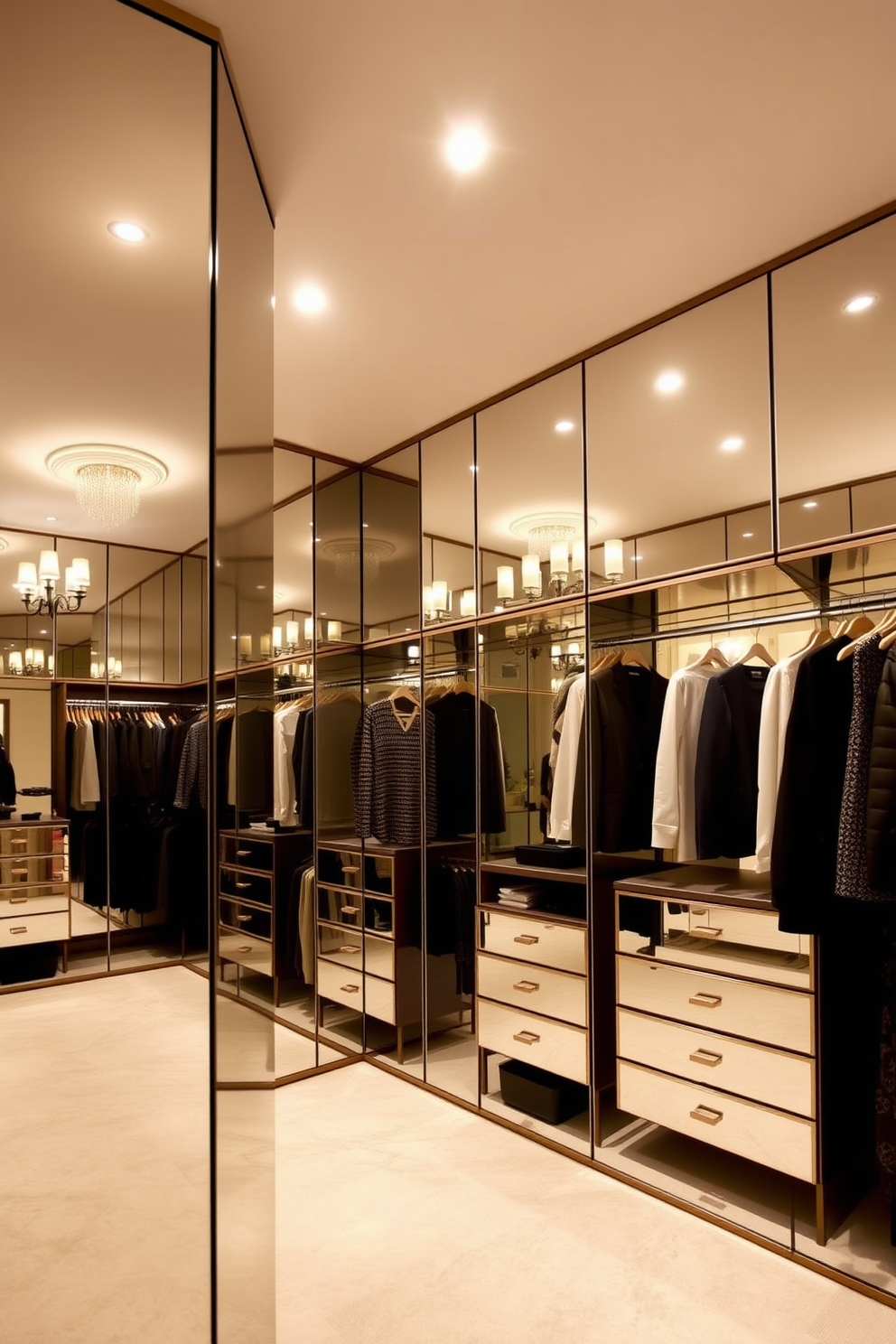 A luxurious walk-in closet featuring mirrored walls that create an illusion of spaciousness. The design includes custom shelving and hanging space, with elegant lighting fixtures illuminating the area.